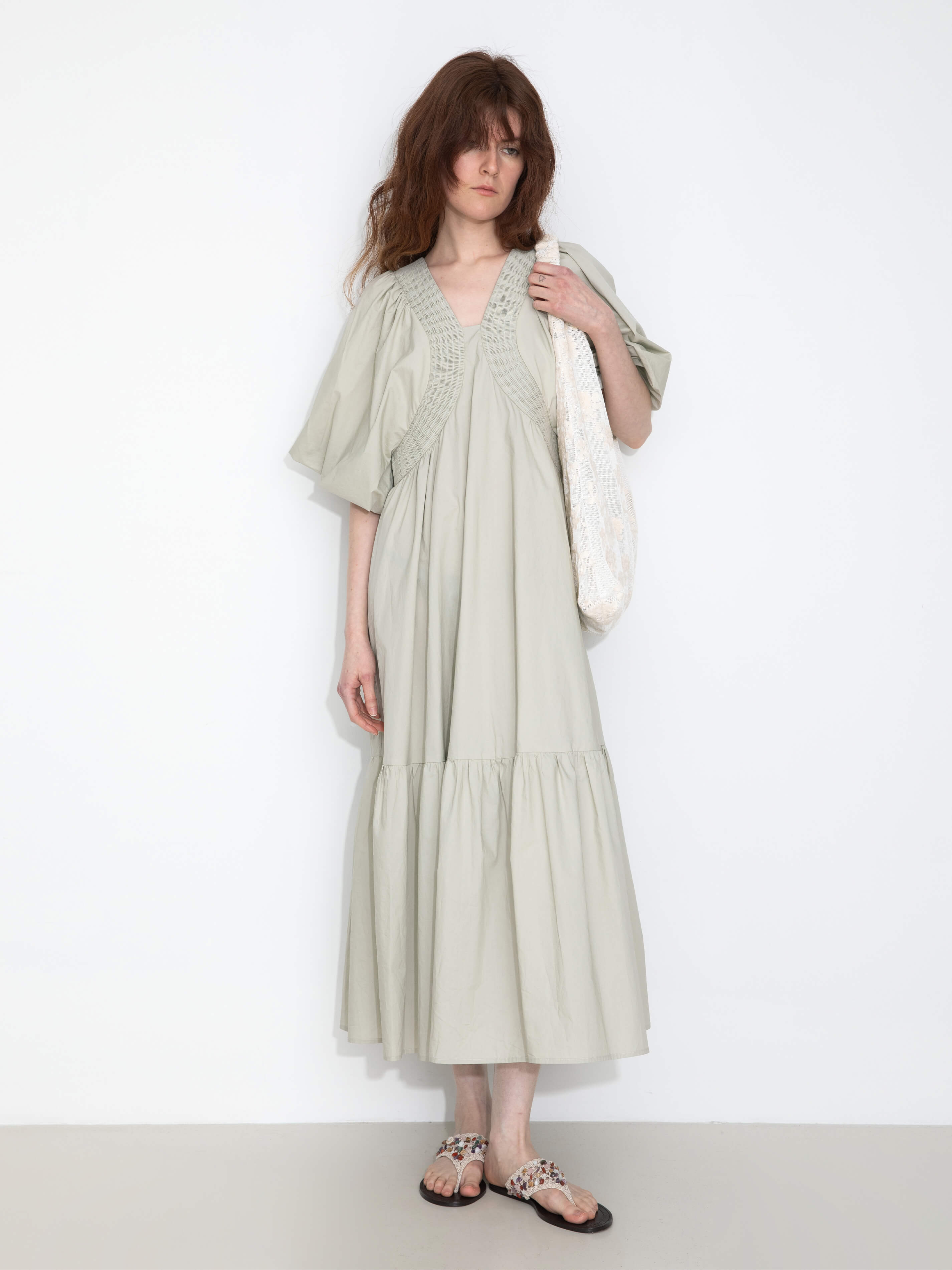 100% Cotton Puff Sleeve Loose-Fit Vacation Dress-5