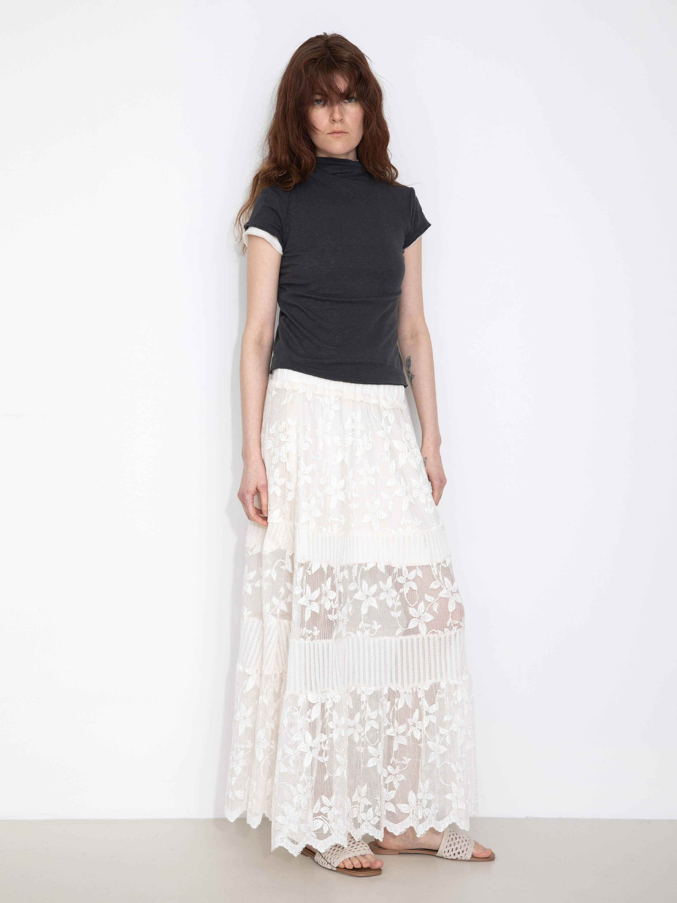Textured Floral Print Lace Panel Skirt-6
