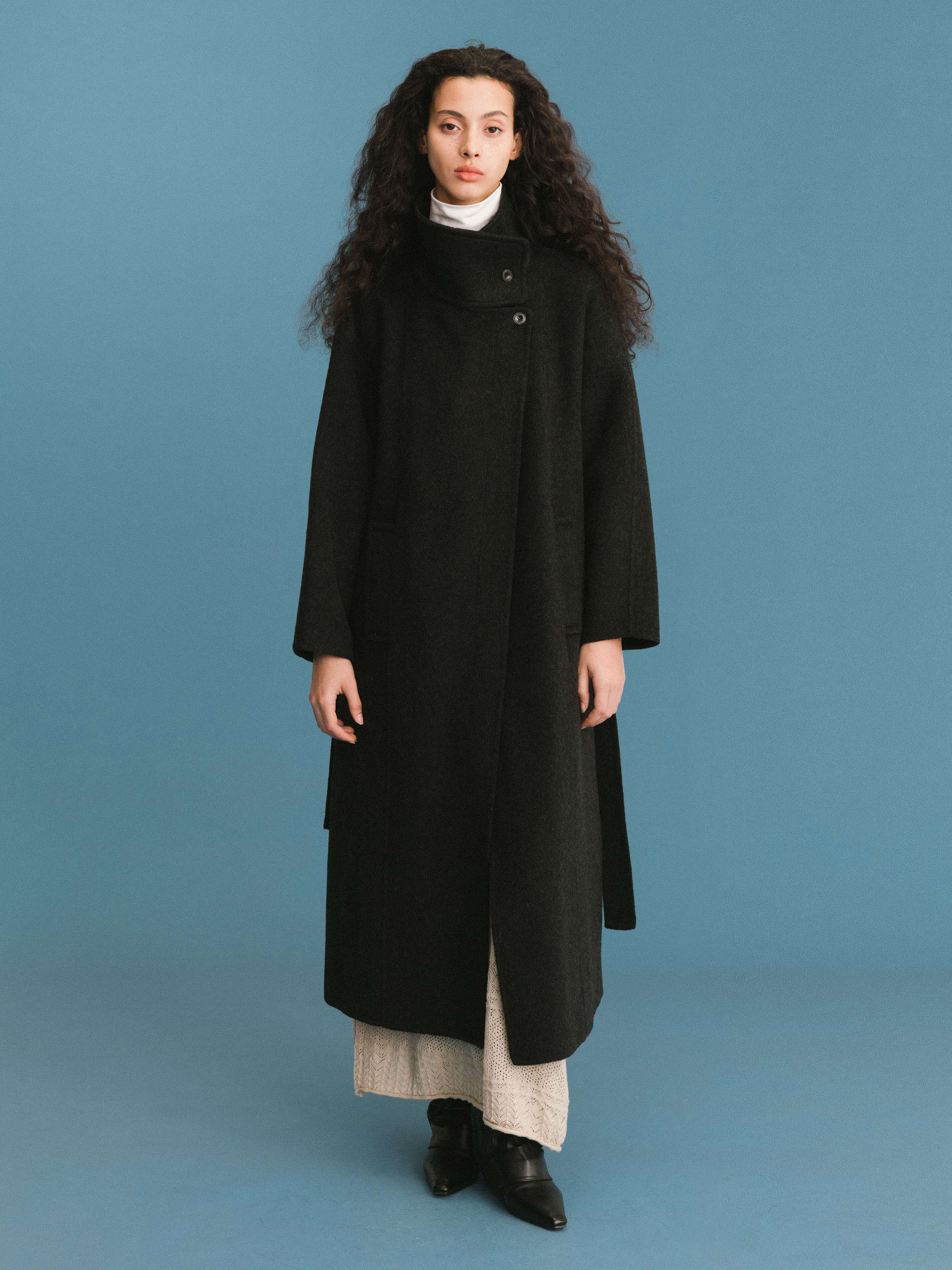 ONE BY CUBIC Double Face Tailored 100% Sheep Wool Coat with Belt-5