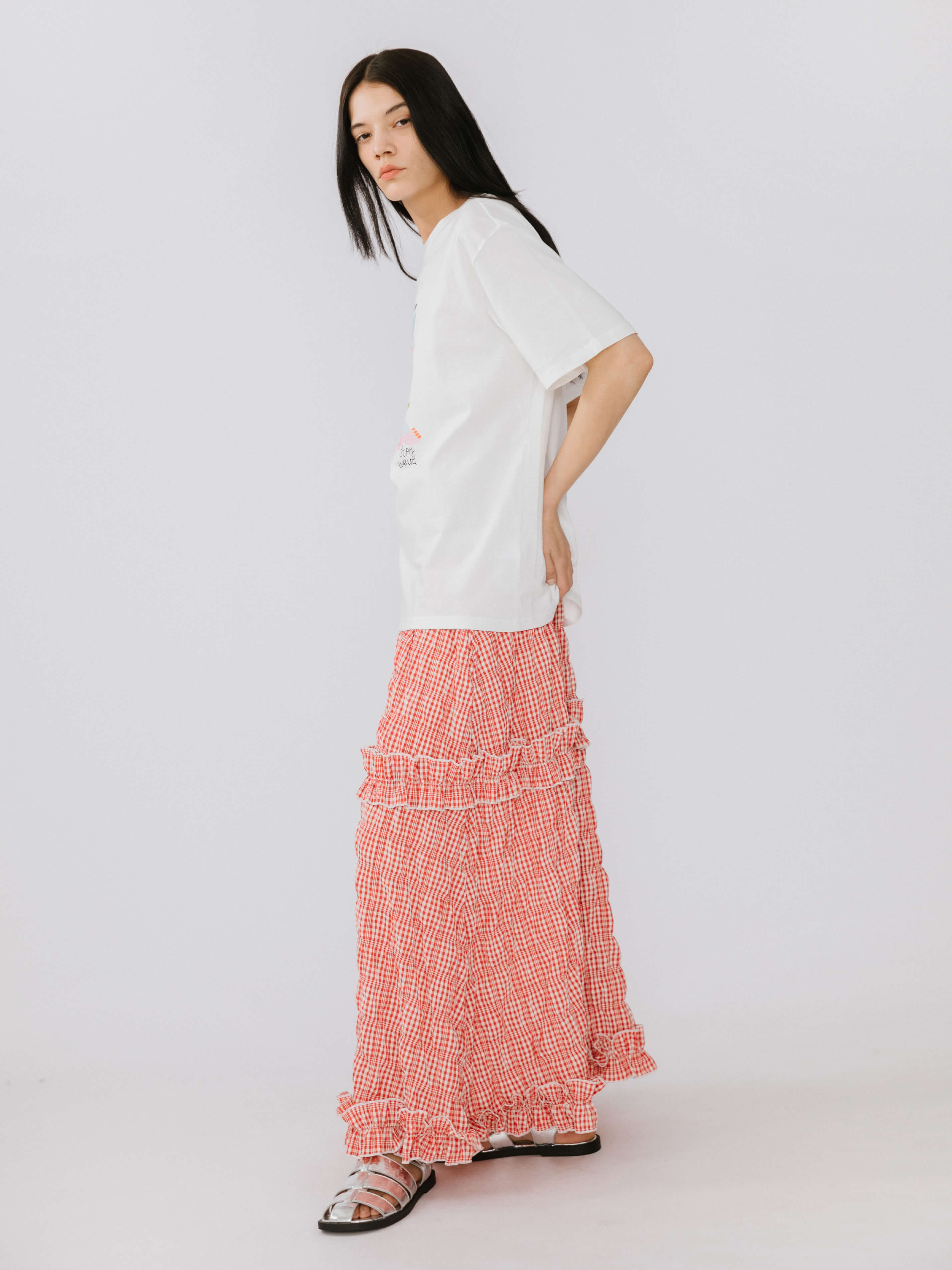 Red Tartan Frilled Midi Skirt-5