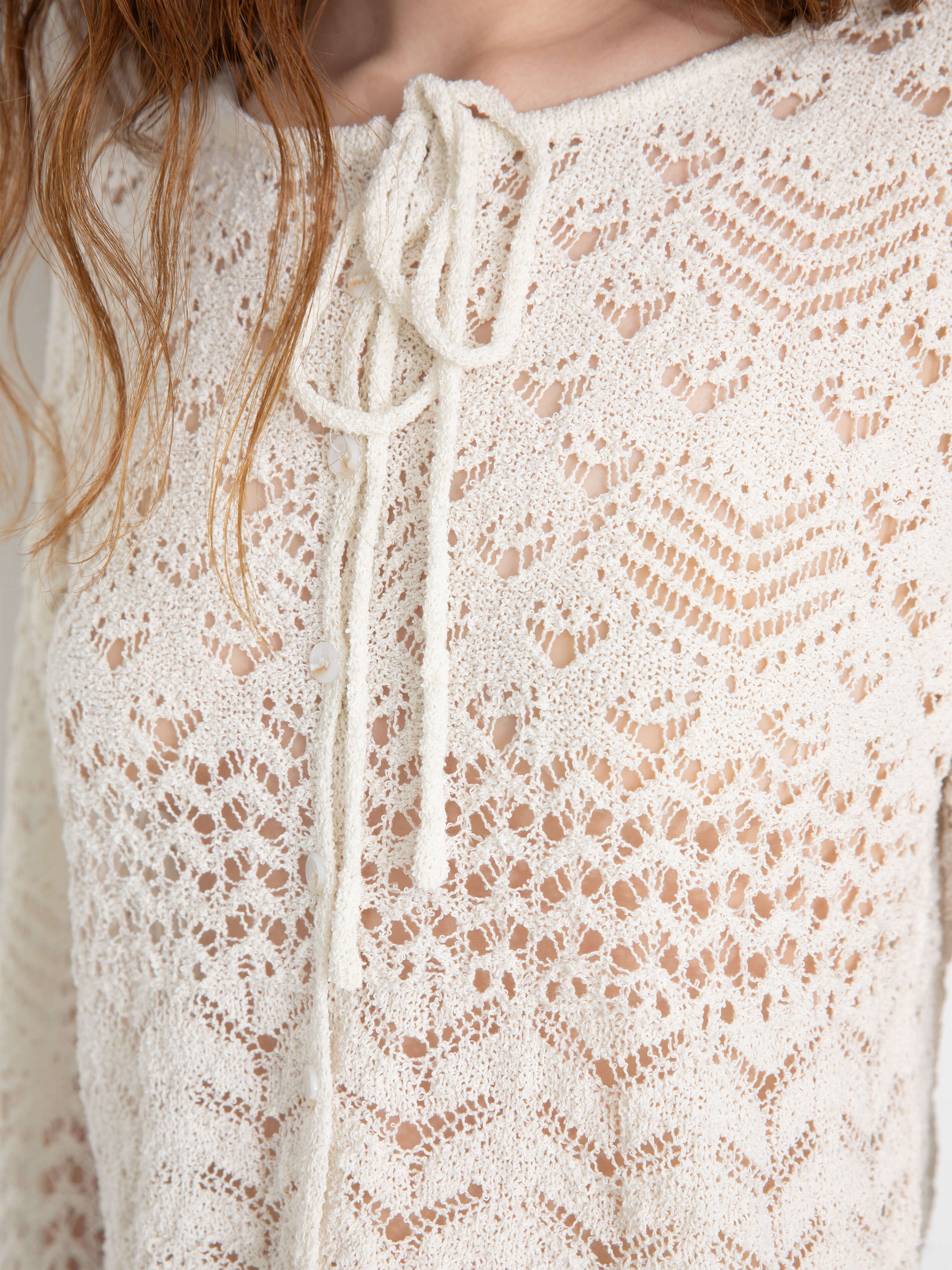 Tie Hollow-Out Knit Long Sleeve Cardigan-5