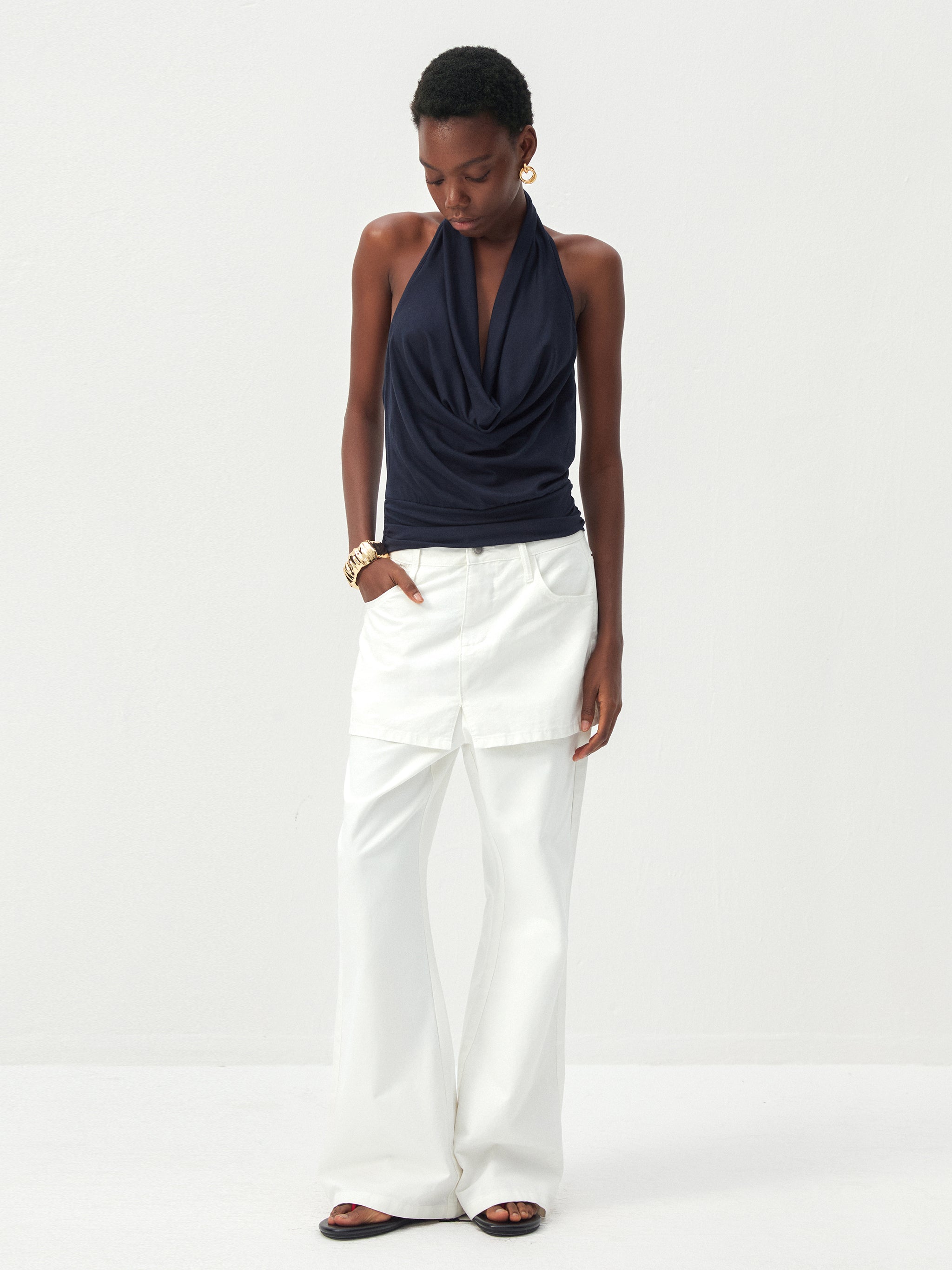 CUBIC Cotton-Blend Layered Skirt-Front Flare Trousers-5