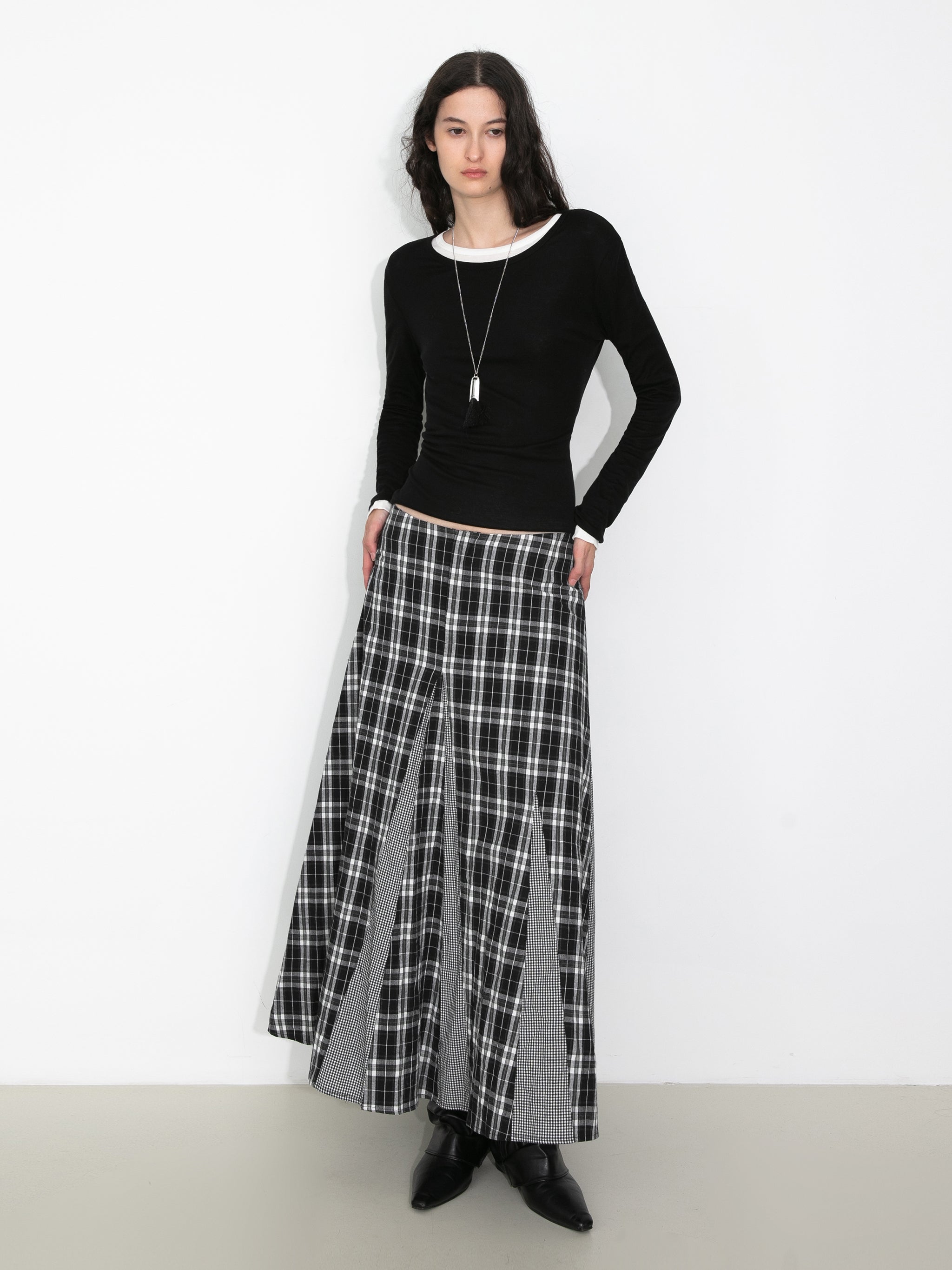 100% Cotton Patchwork Check A-Line Maxi Skirt-5