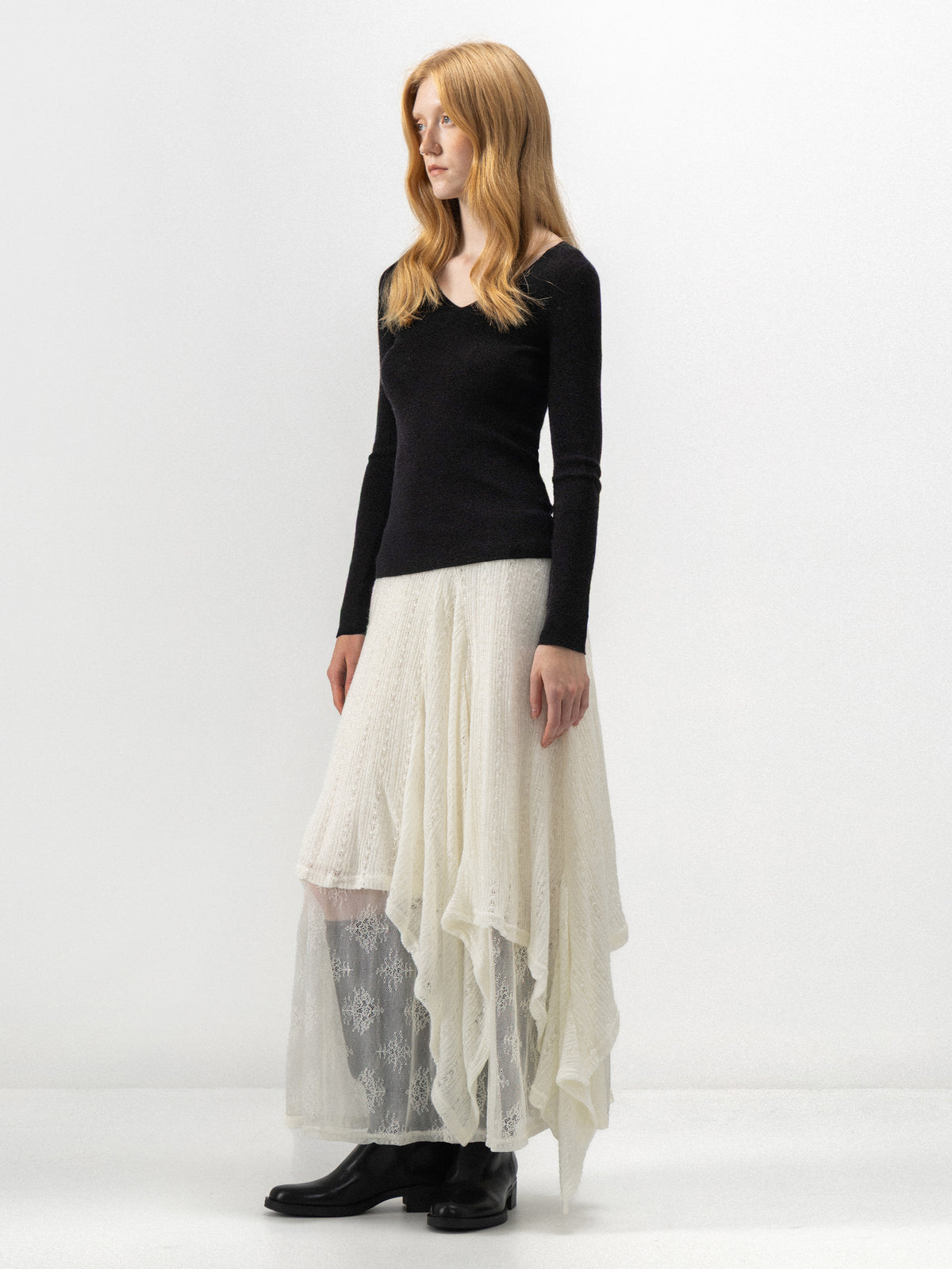 CUBIC Asymmetric Layered Wool Blend Lace Skirt-5