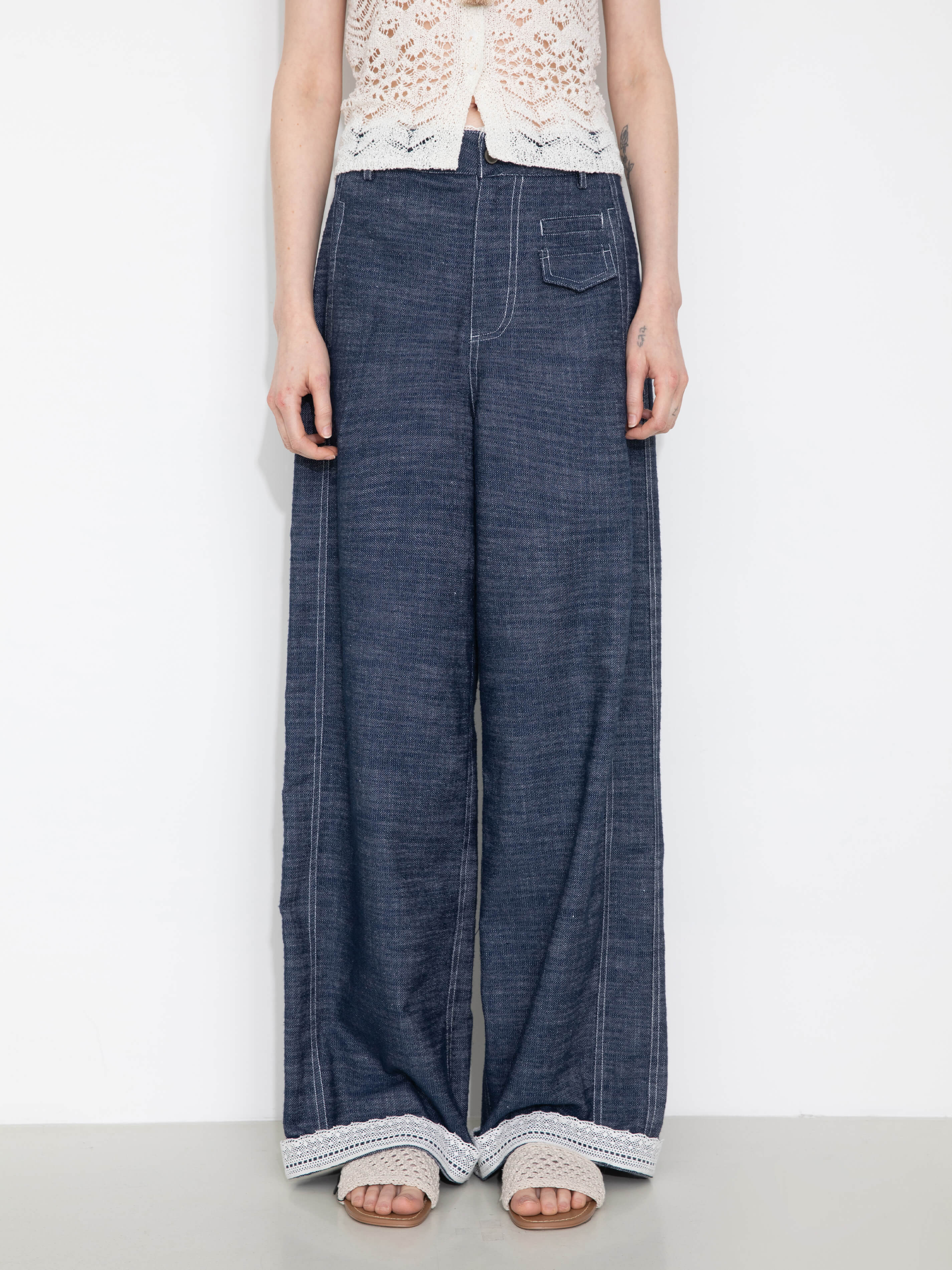 Linen-Cotton Lace Wide-Leg Straight Jeans-4