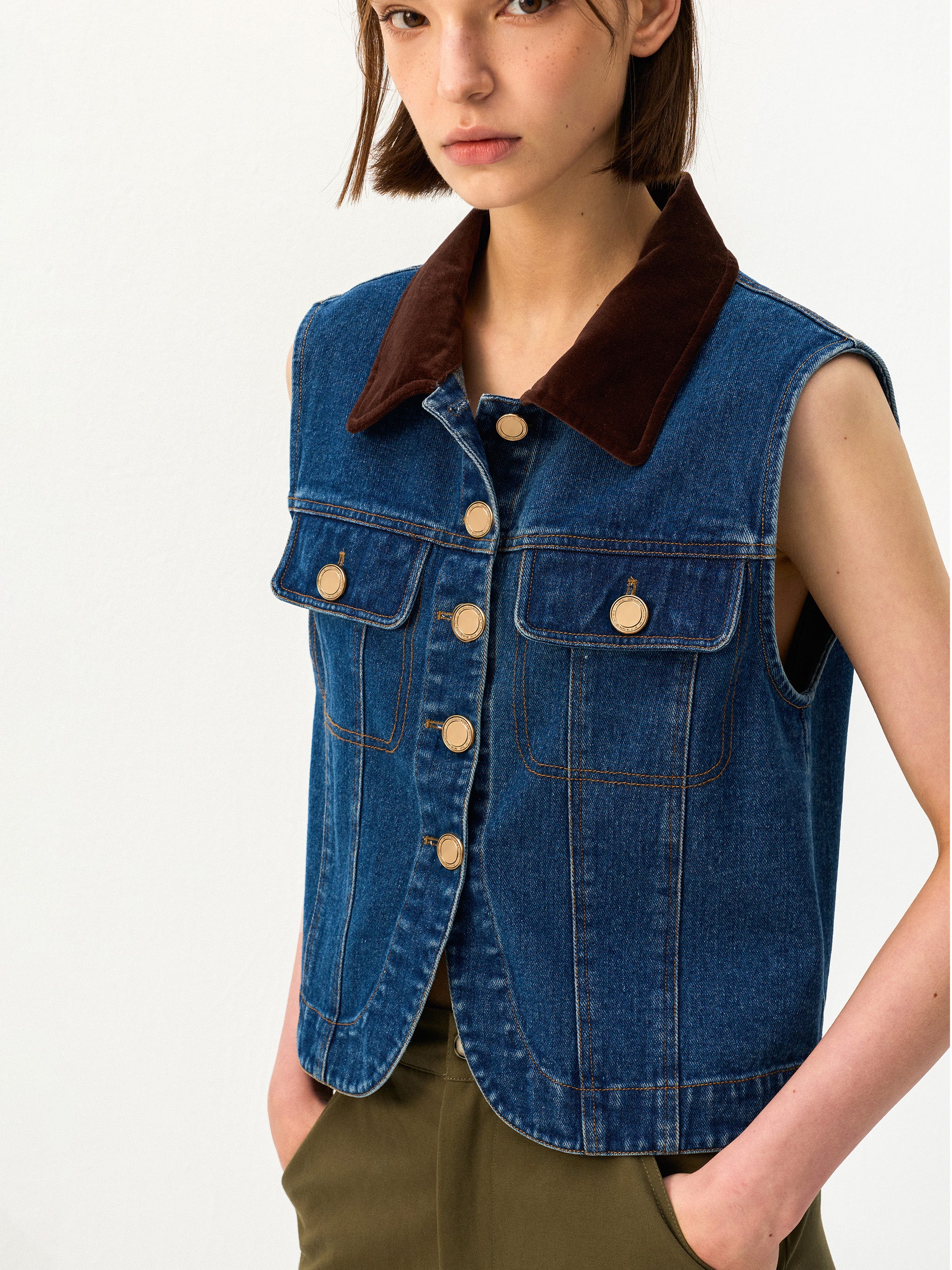 CUBIC Contrast Collar Vintage Denim Vest-5