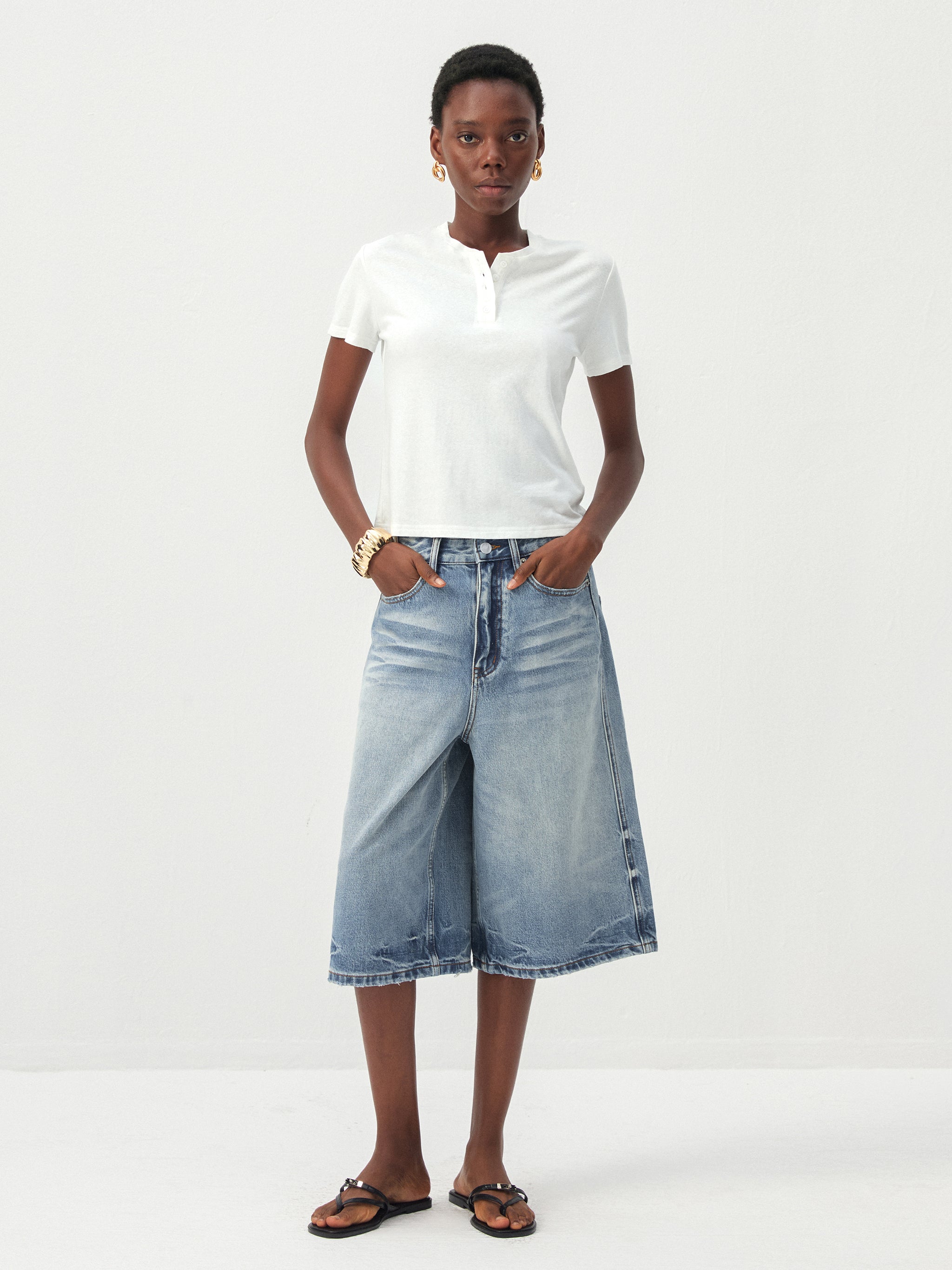 CUBIC Lyocell-Linen Blend Henley Neck Top-5