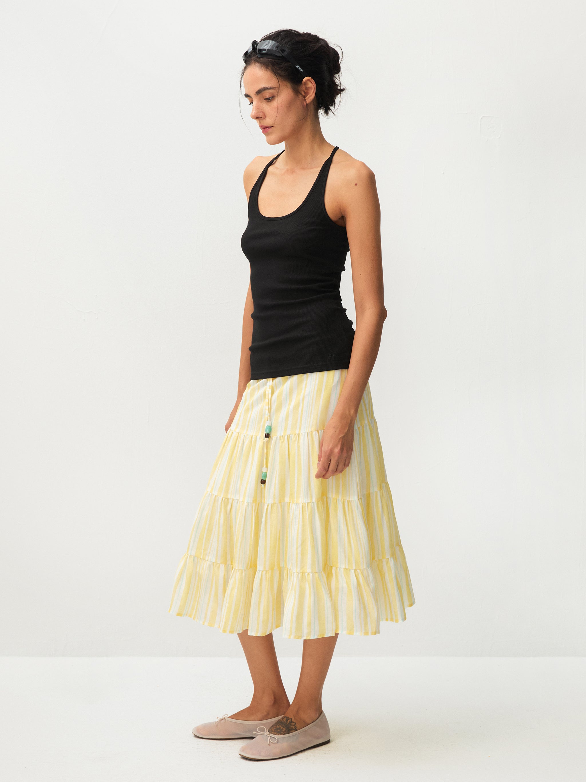 CUBIC Lyocell Linen Blend Tiered Striped Midi Skirt-5