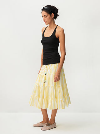 CUBIC Lyocell Linen Blend Tiered Striped Midi Skirt