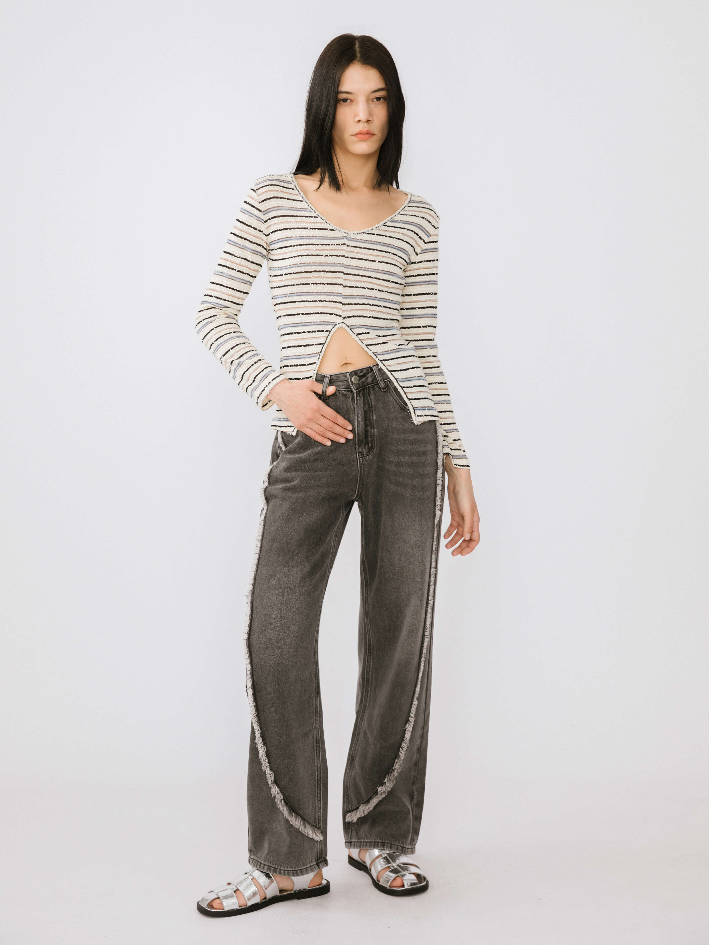 Front Slit Striped Long Sleeve Top-2