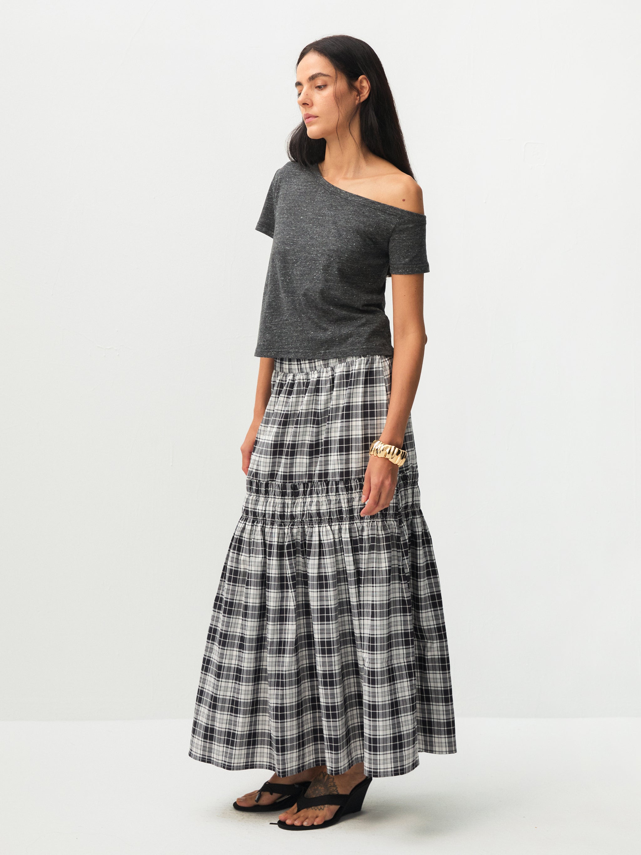 Elastic Drawstring High Waist Checked Skirt-3