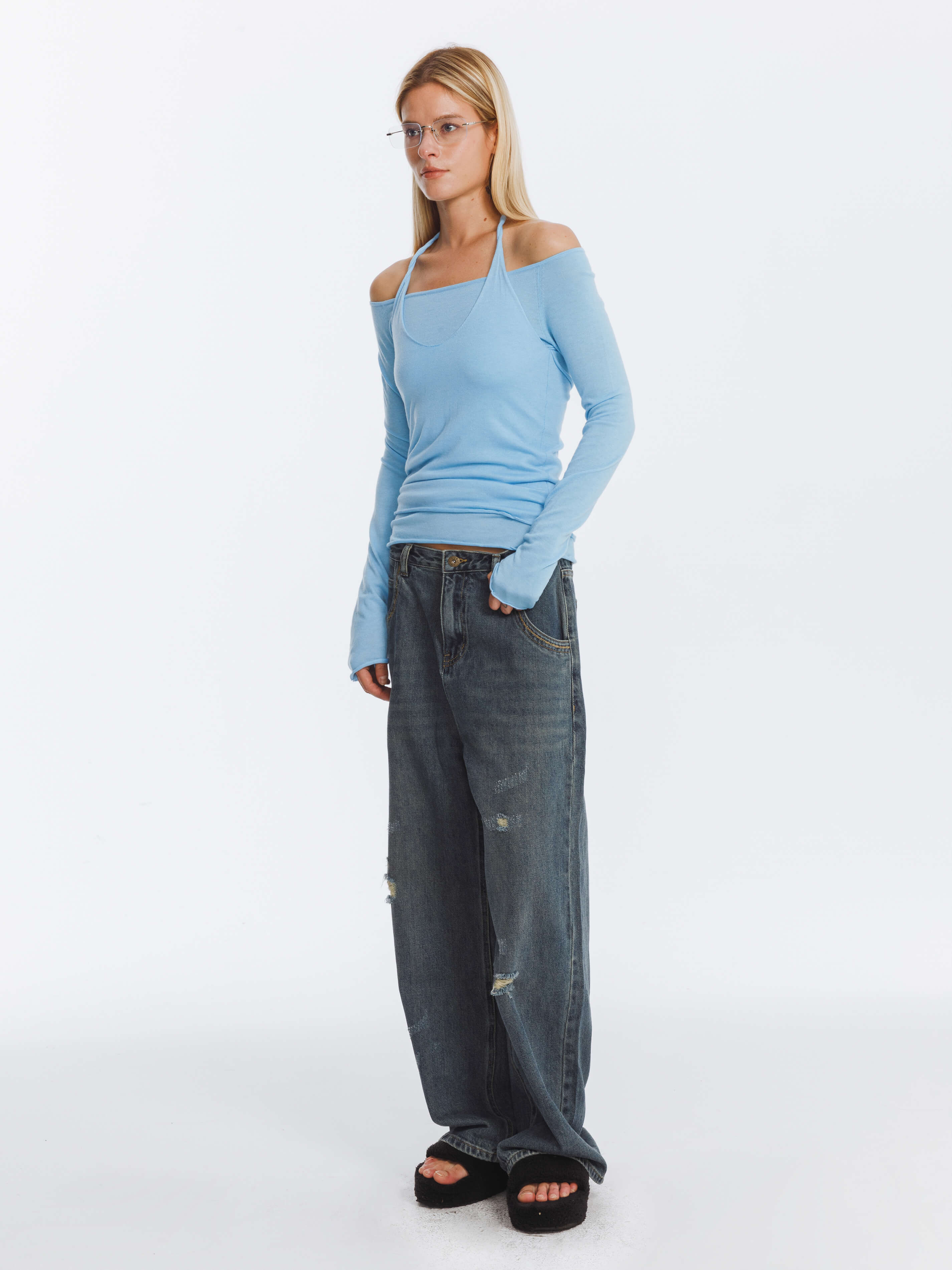 Hole Washed Straight Jeans-5