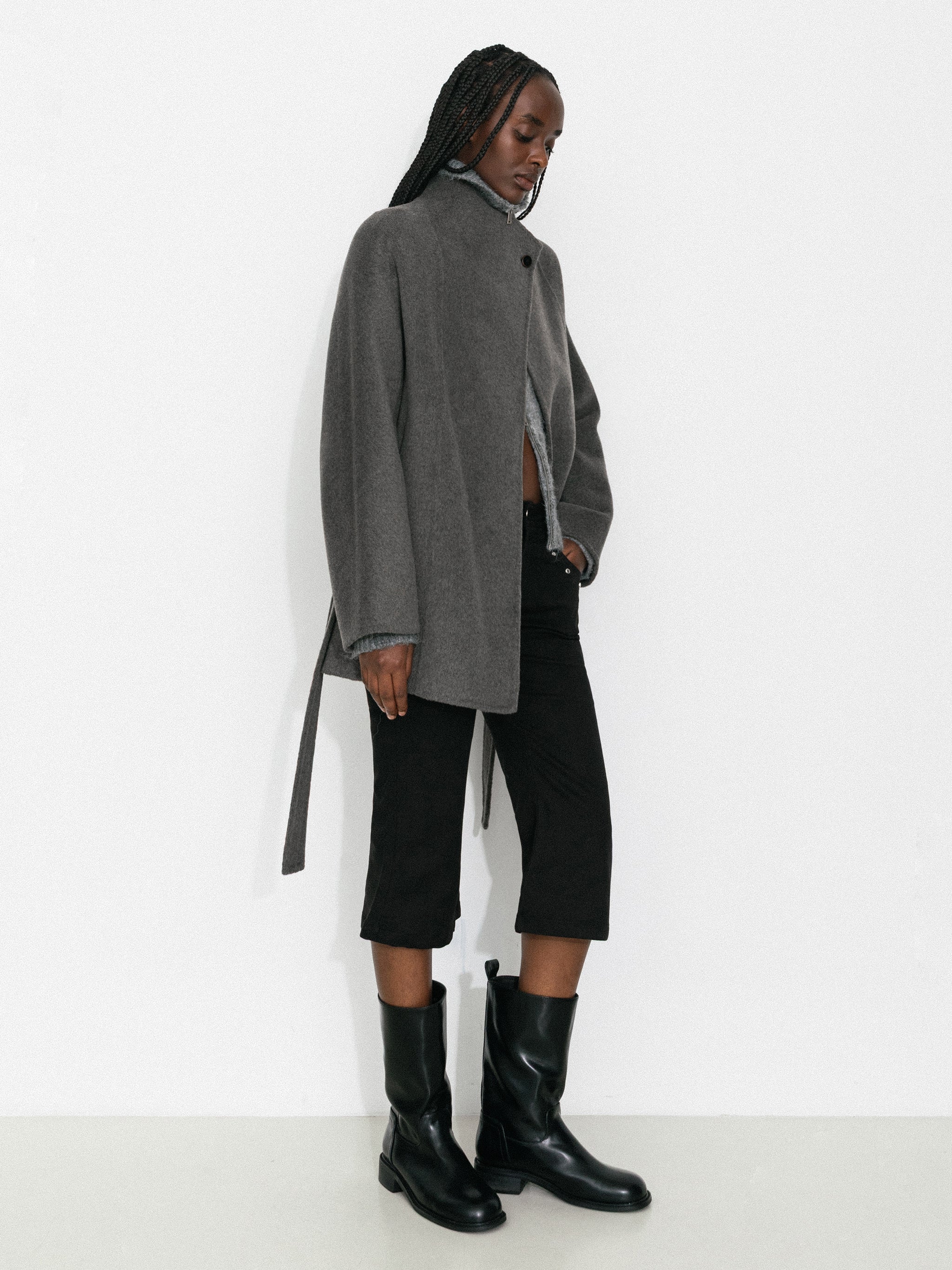 Loose-Fit Wool-Blend Stand-Collar A-Line Coat-5