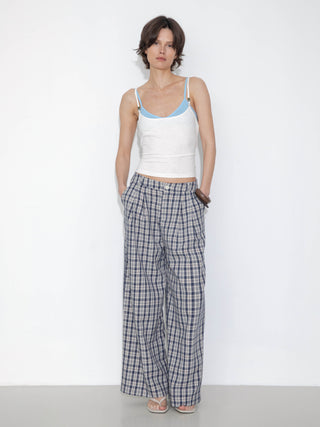 Striped Check High-Waisted Wide-Leg Casual Pants