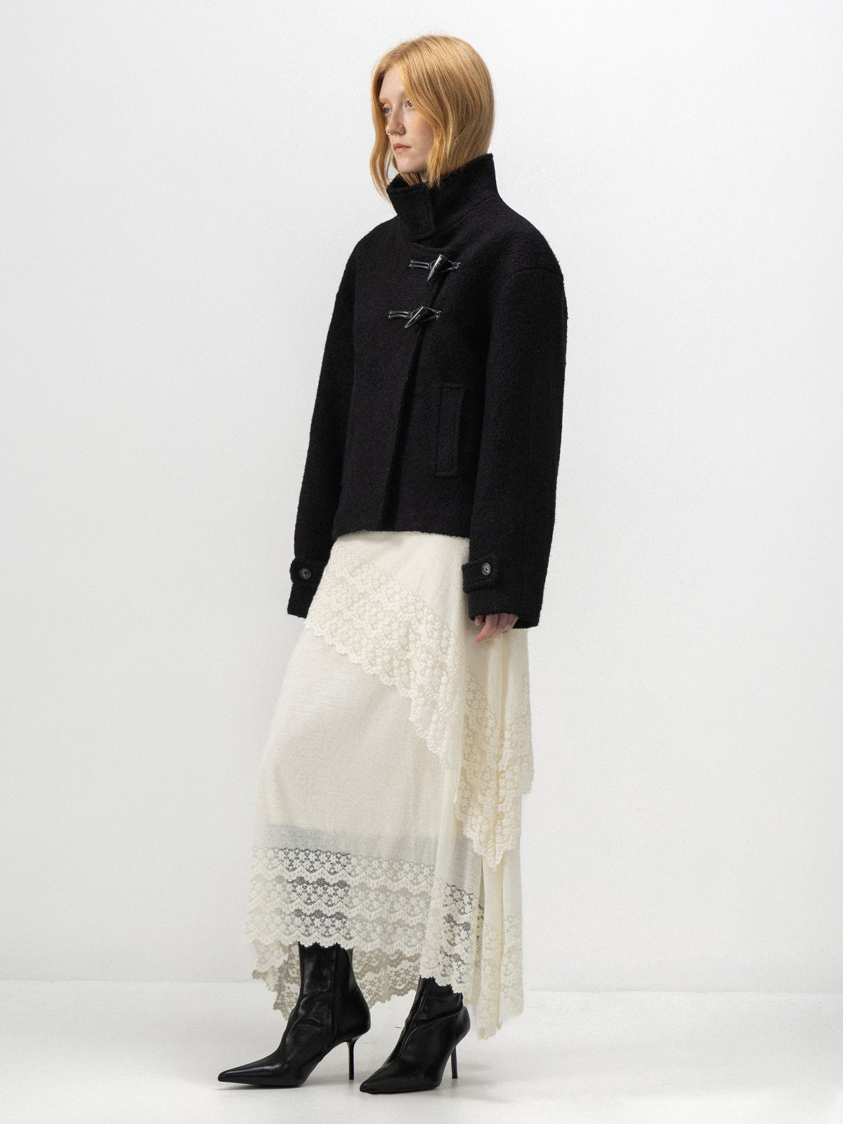 CUBIC Asymmetric Lace Knit Midi Skirt-5
