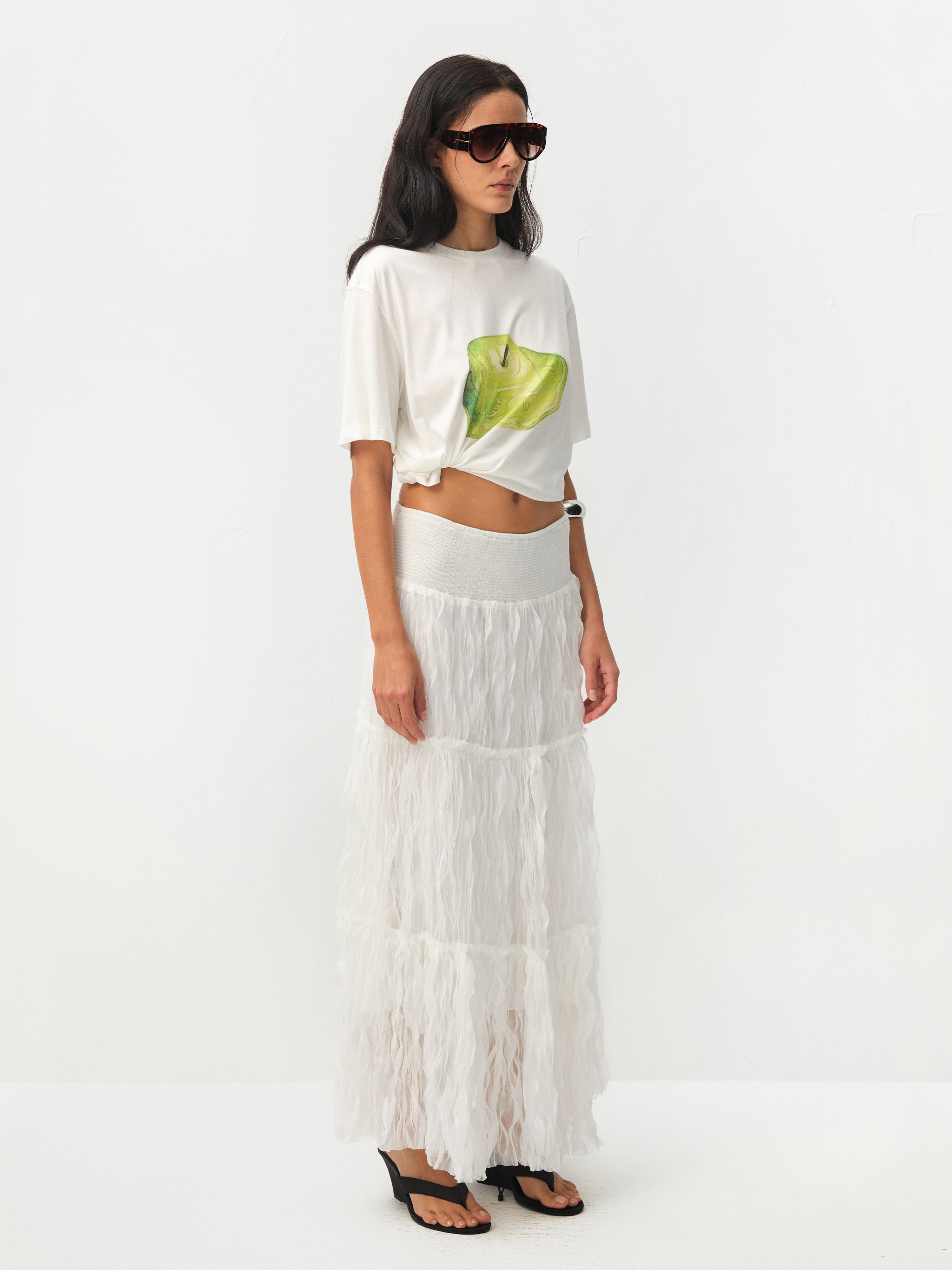 White Wavy Draped Midi Skirt-5