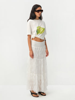 White Wavy Draped Midi Skirt