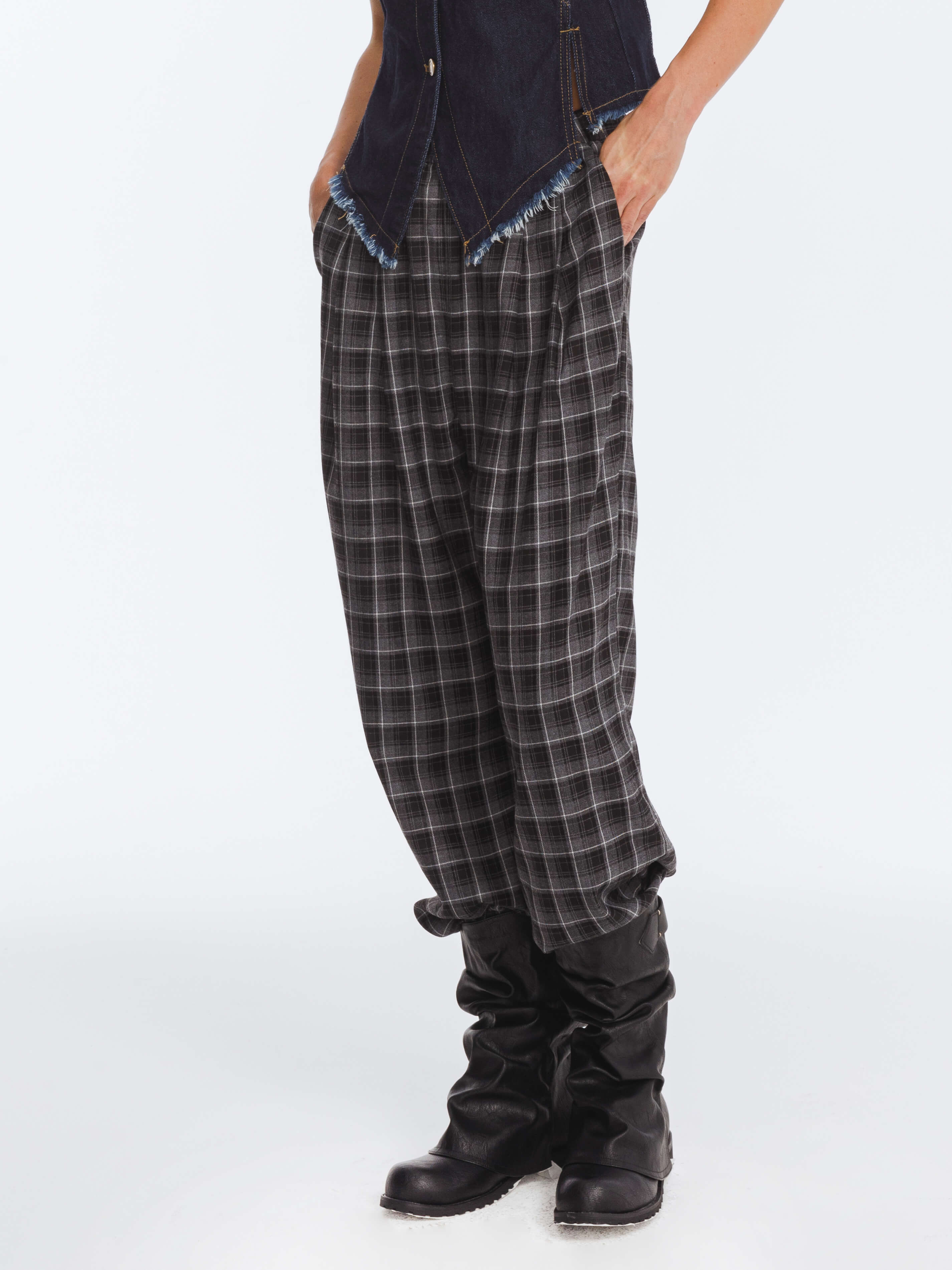 Wide Leg Tartan Casual Trousers-5