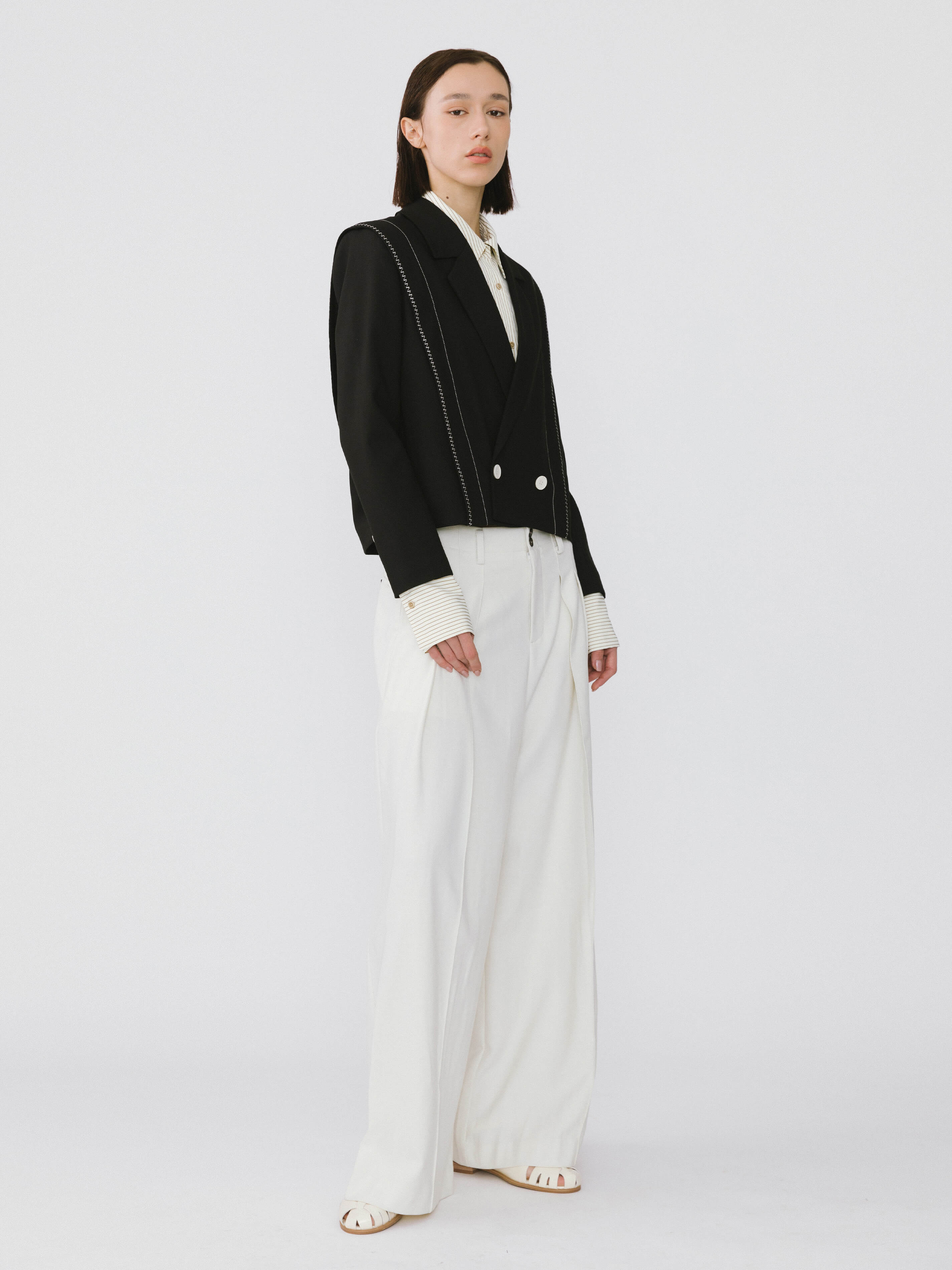 Double Breasted Contrast Stitch Short Blazer-5