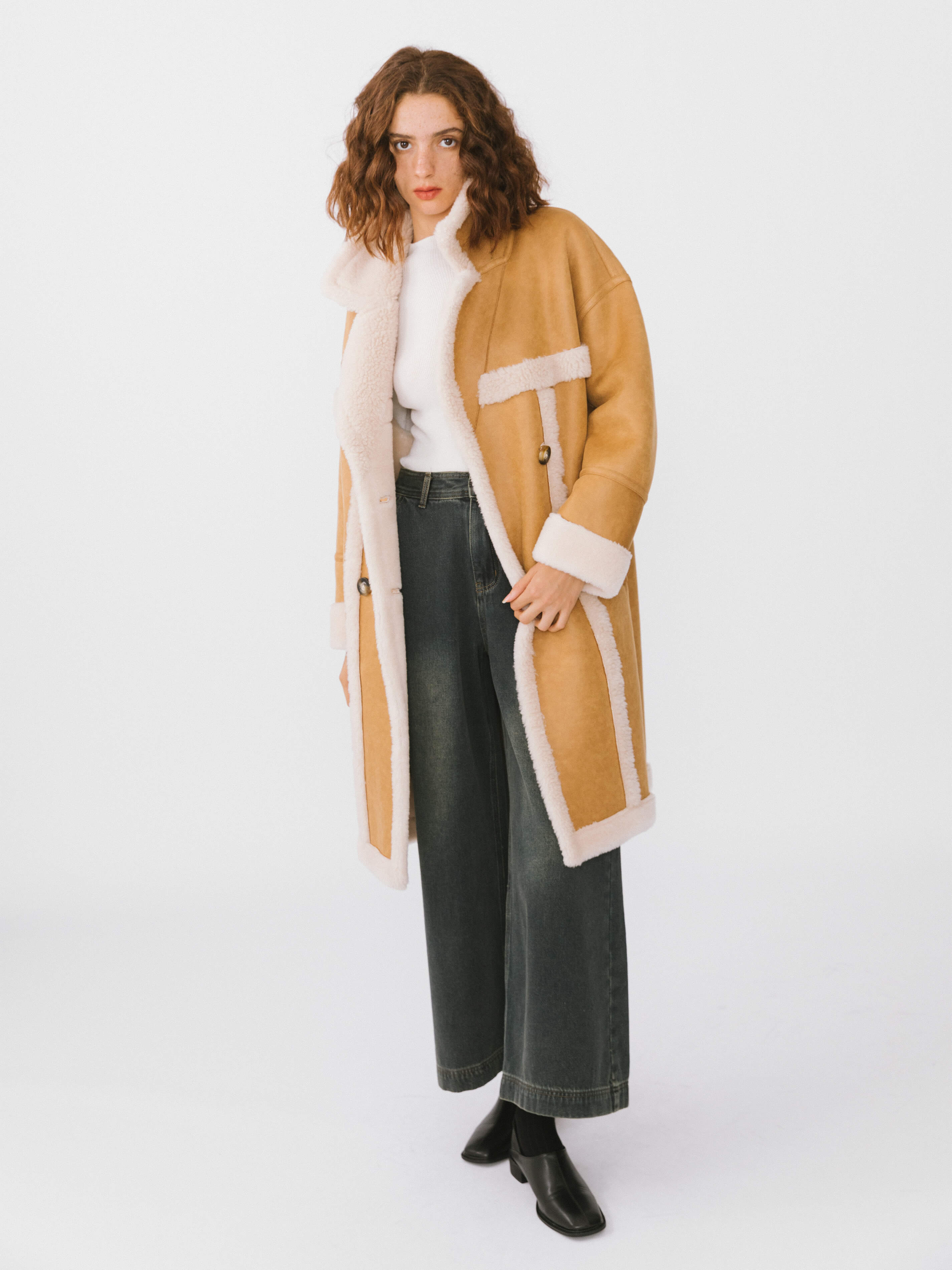 Yellow Faux Leather Sheep Wool Long Coat-2