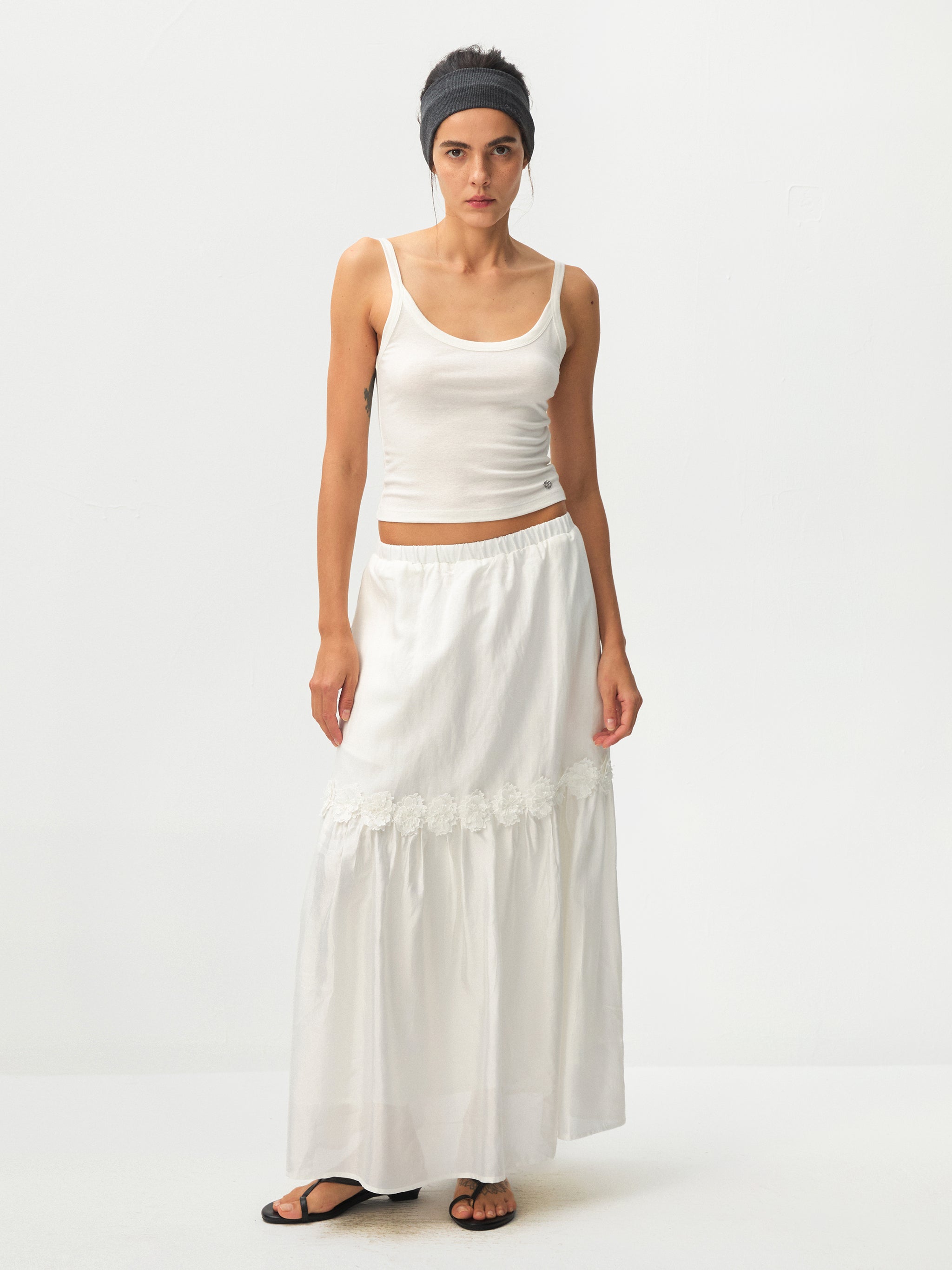 CUBIC Floral Appliqué Tiered Maxi Skirt-5