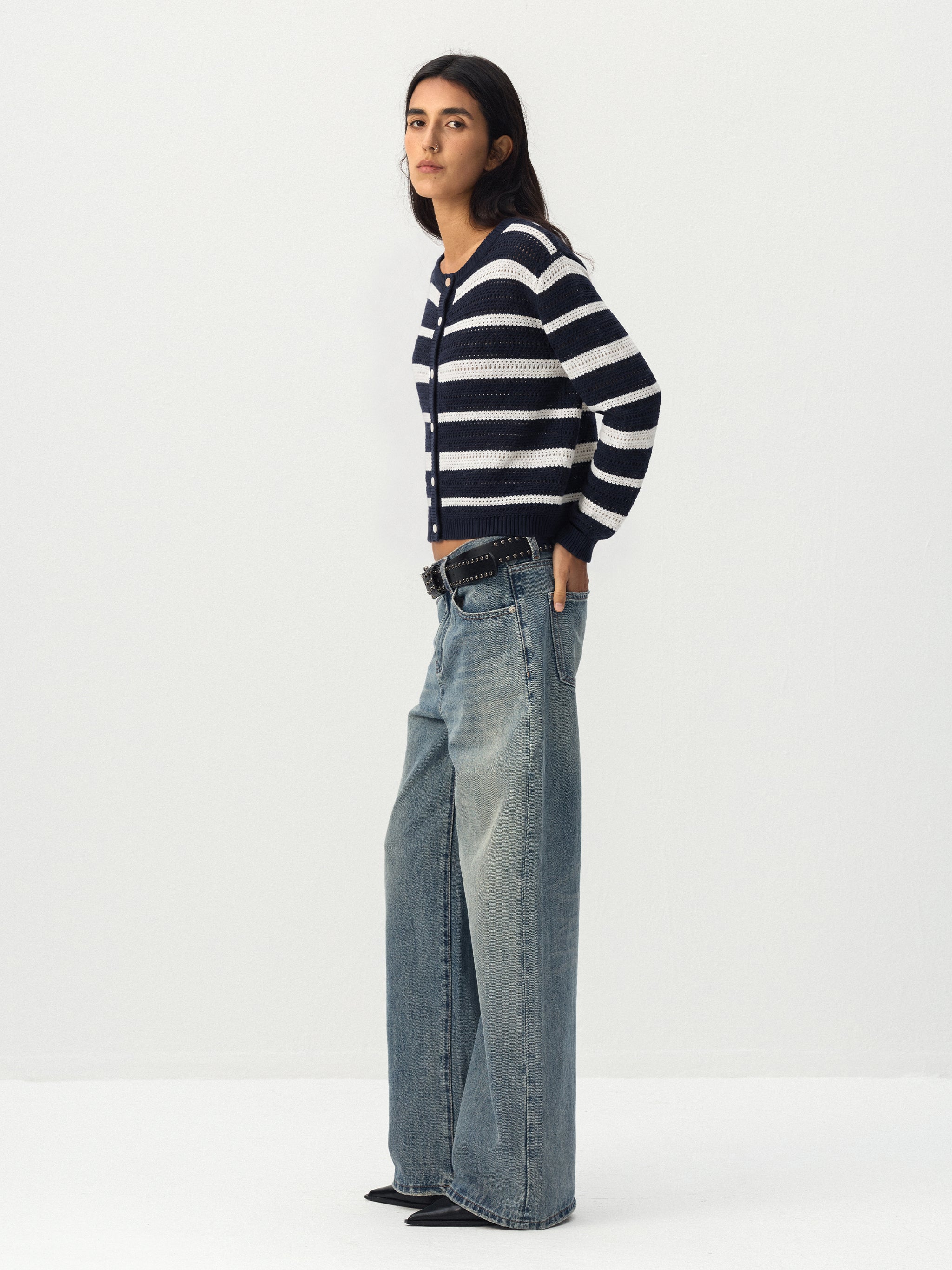 CUBIC Striped Button Knit Cardigan-5