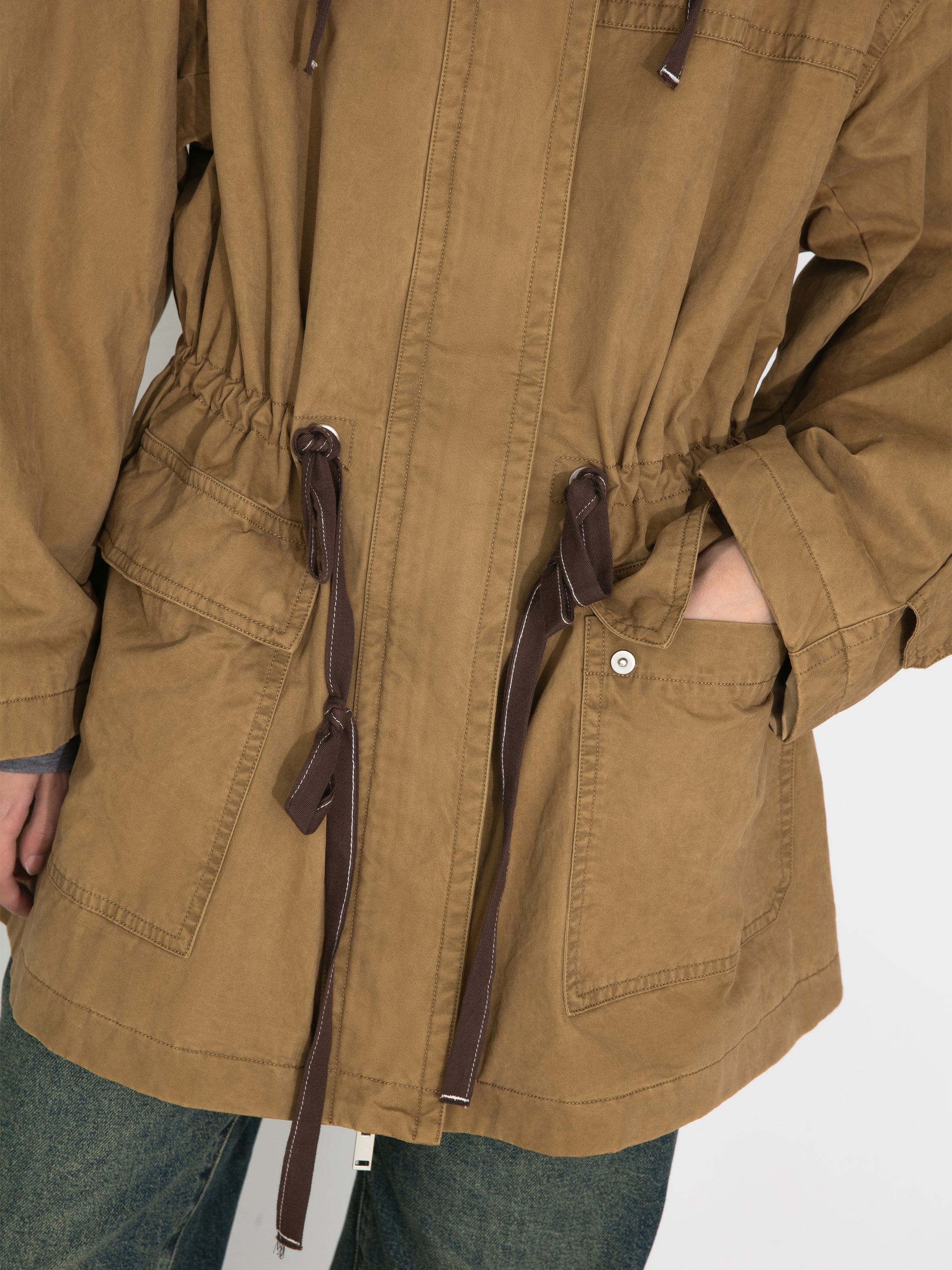 Drawstring Crewneck Mid-Length Trench Coat-5