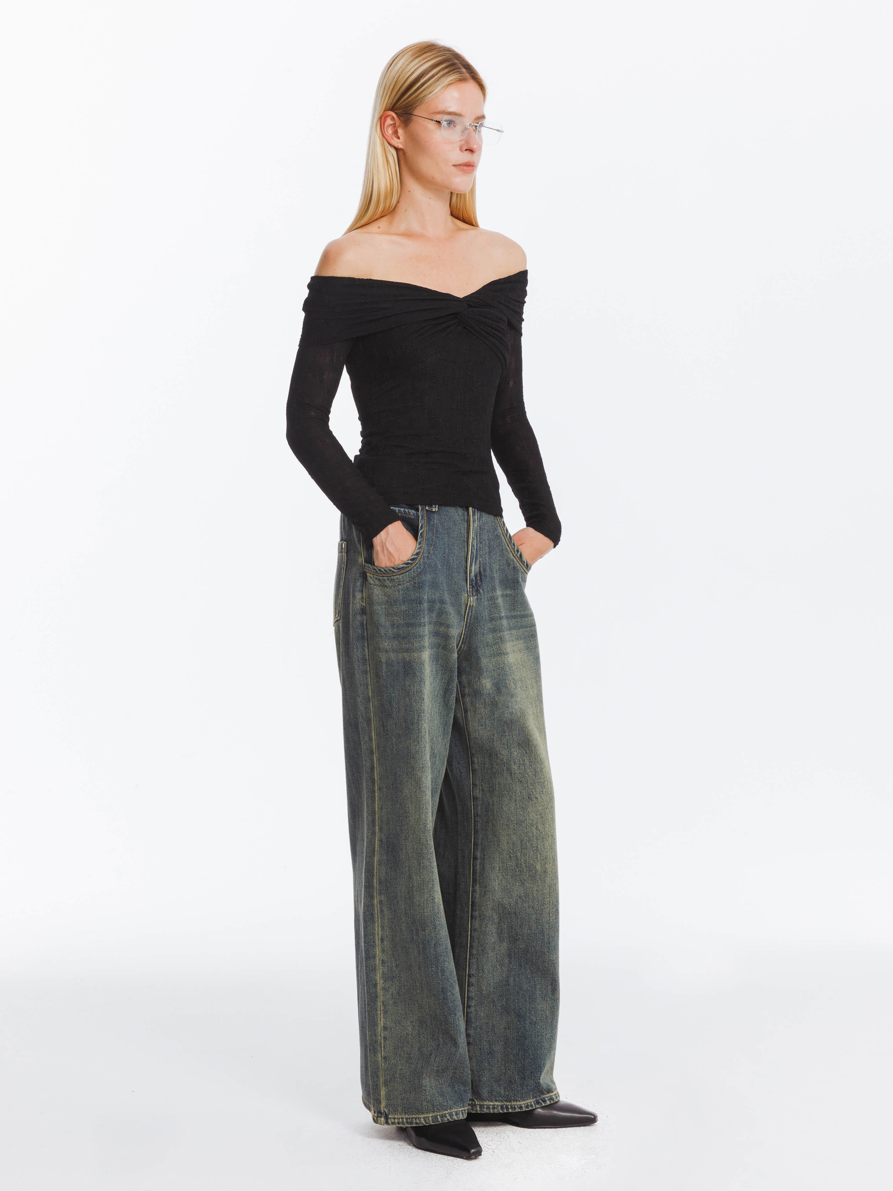 Pleated Off Shoulder Long Sleeves Top-5