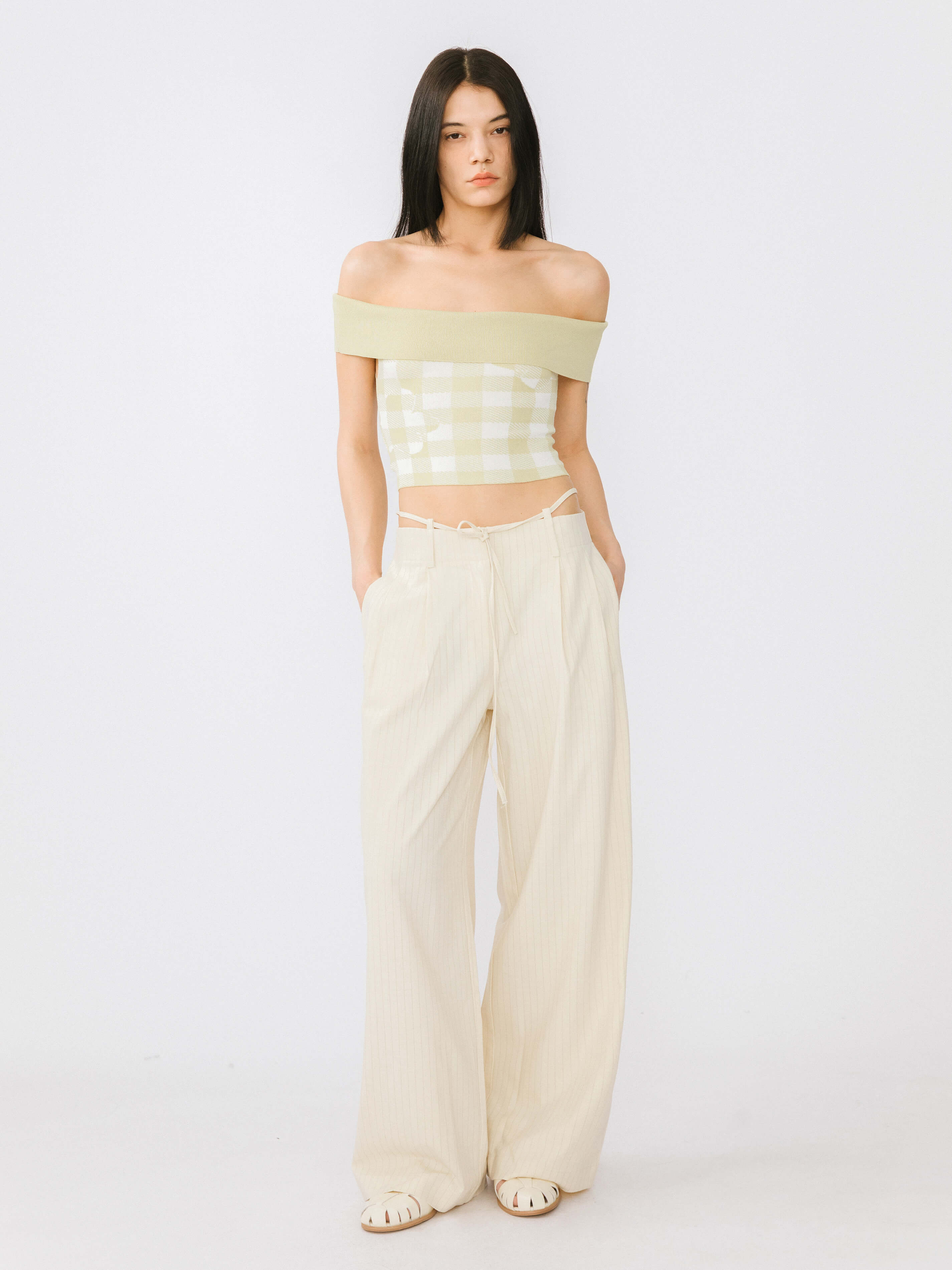 Off-Shoulder Checkered Knit Cami Top-5