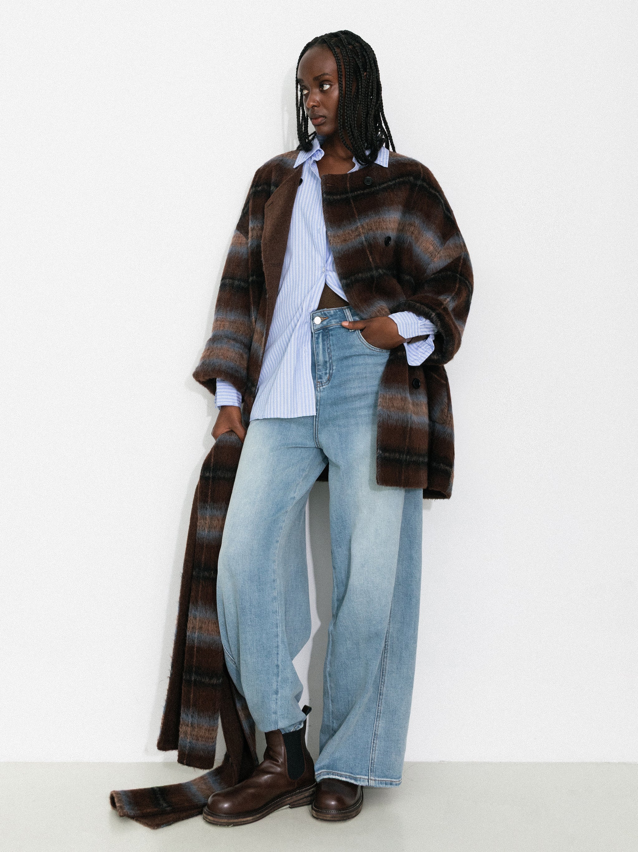 Plaid A-Line Coat with Scarf Collar-5