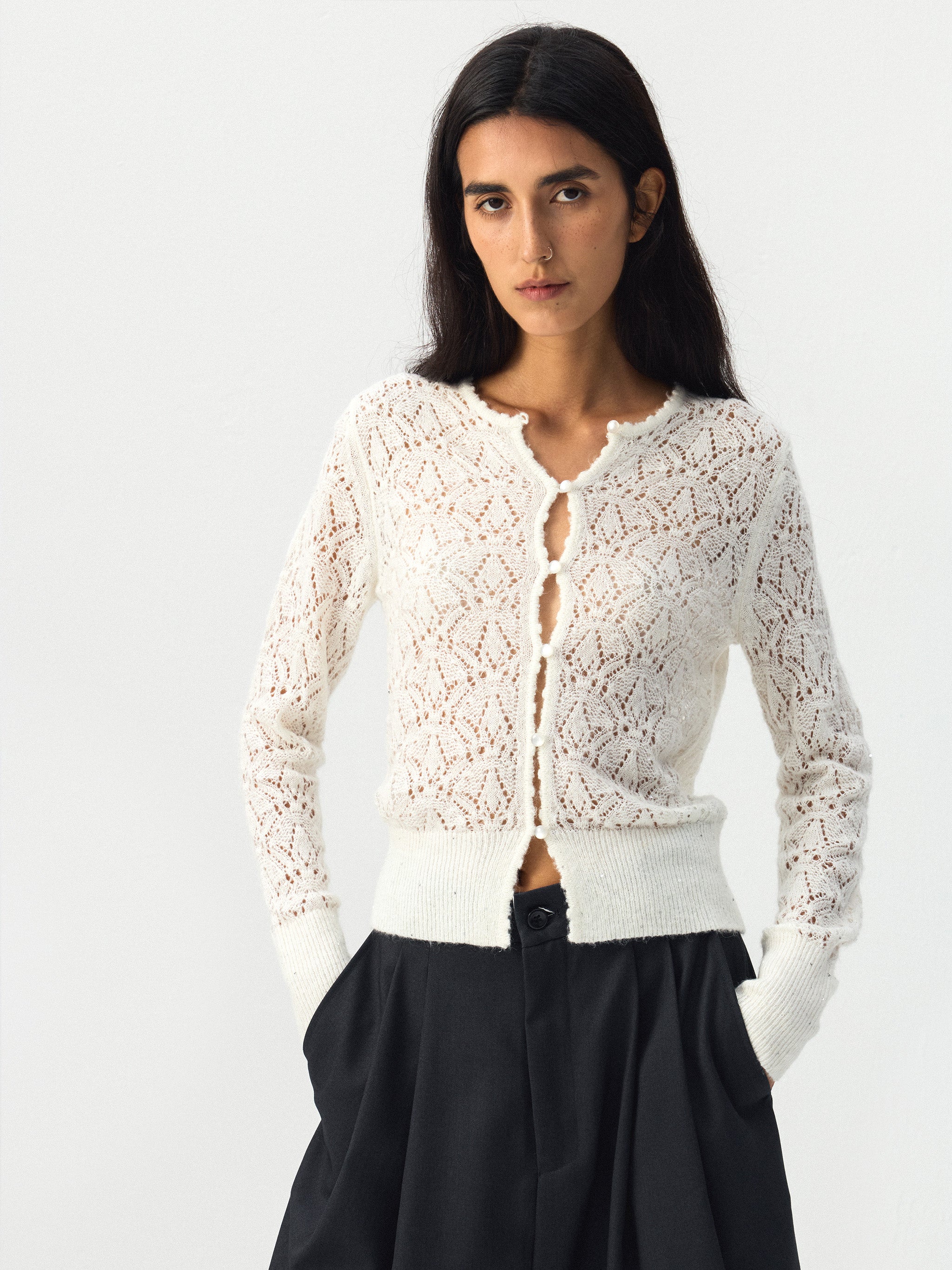 CUBIC Pointelle Button-Up Cardigan-5