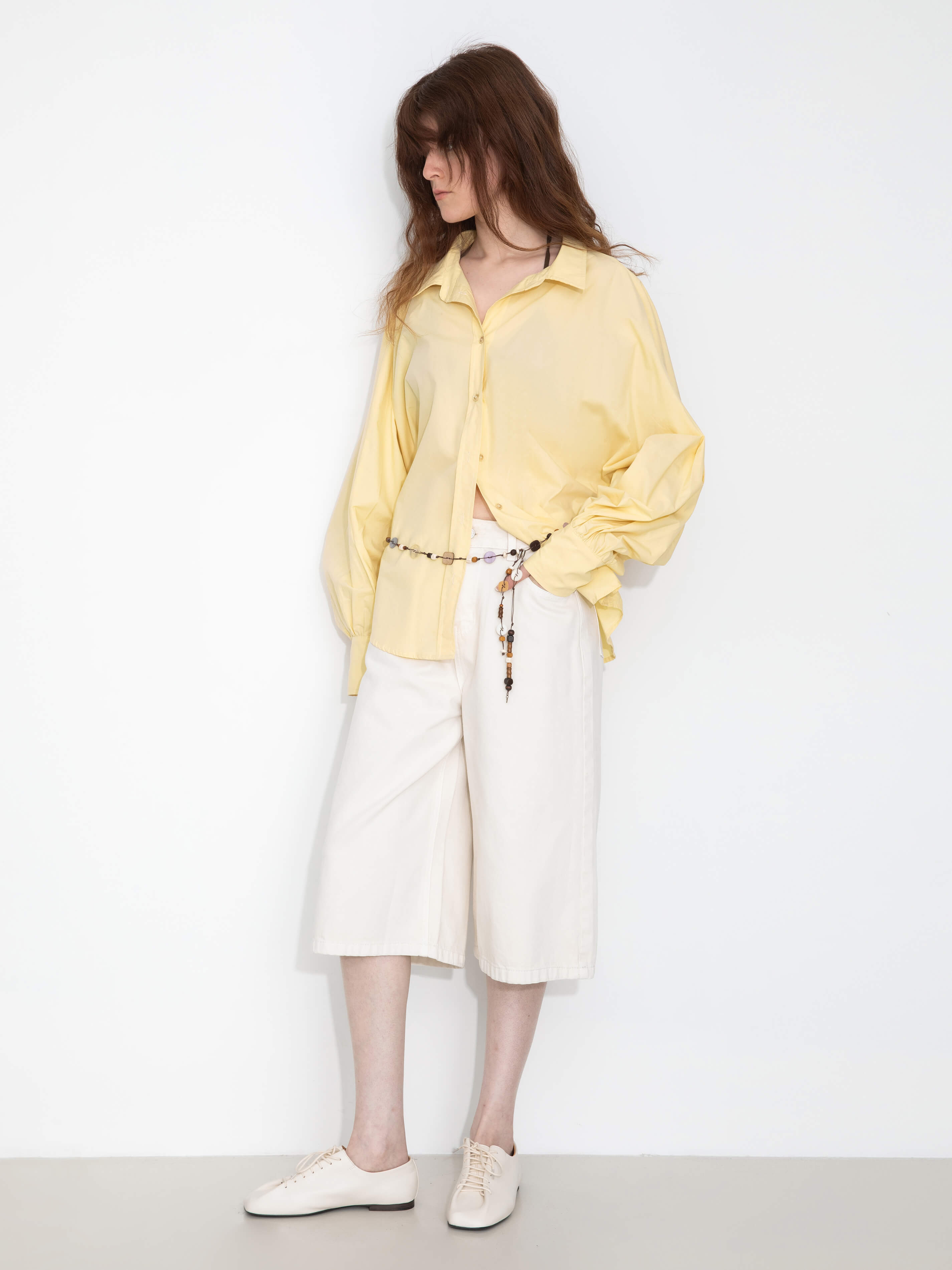 100% Cotton Oversized Balloon Sleeve Backless Tie Shirt-5