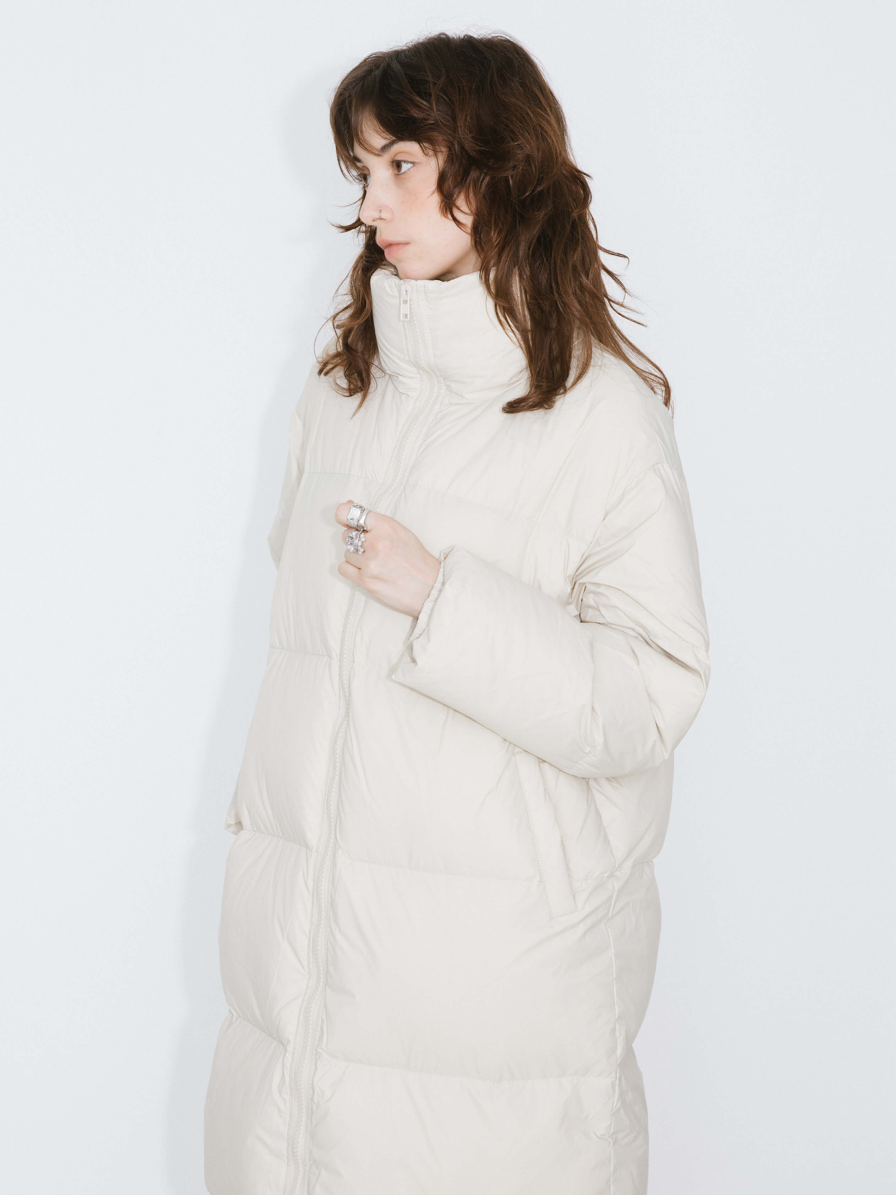 Long High Neck Zip Up Cocoon Down Coat-5