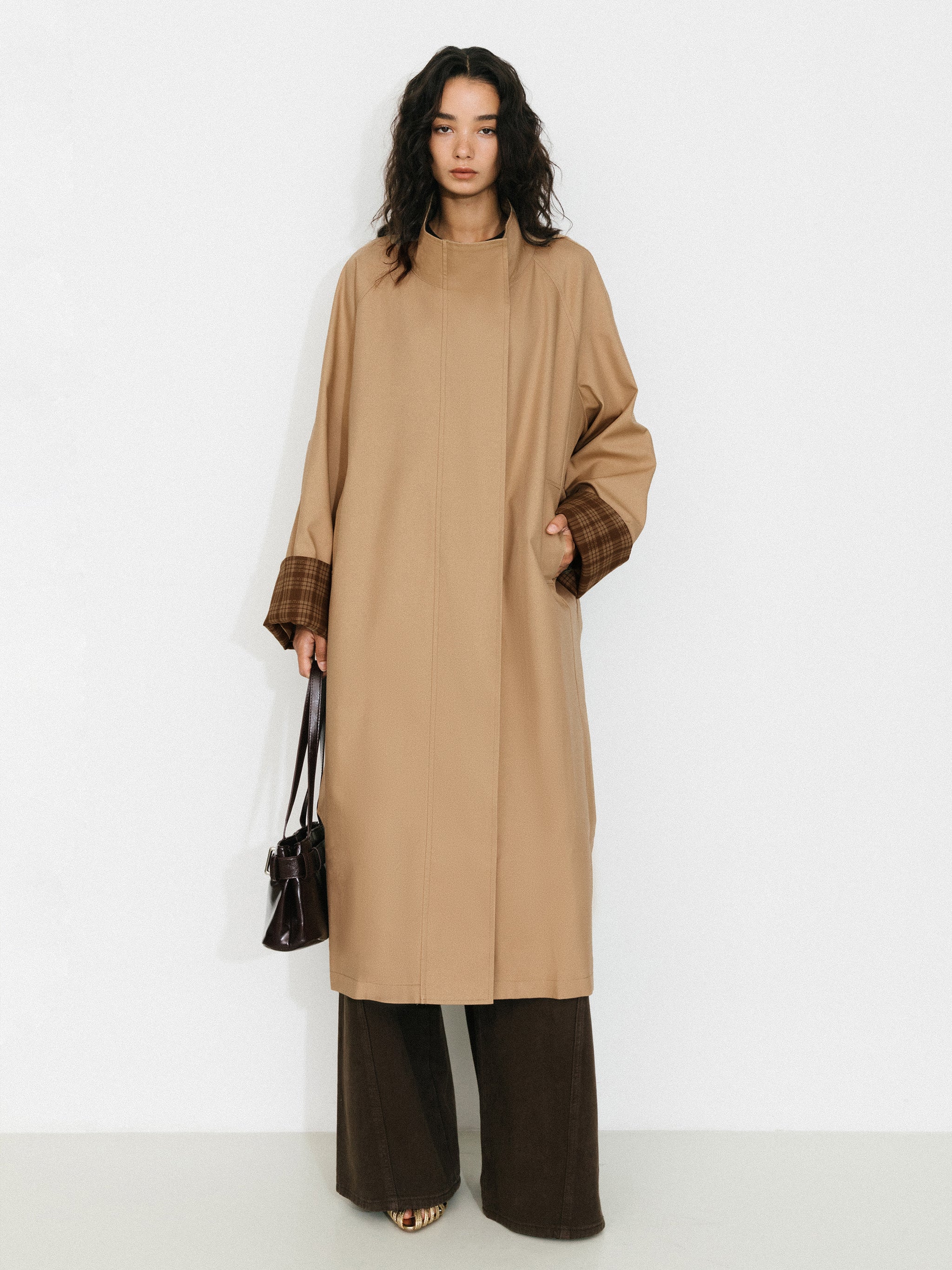 Funnel Neck Colorblock Cuff Trench Coat-5