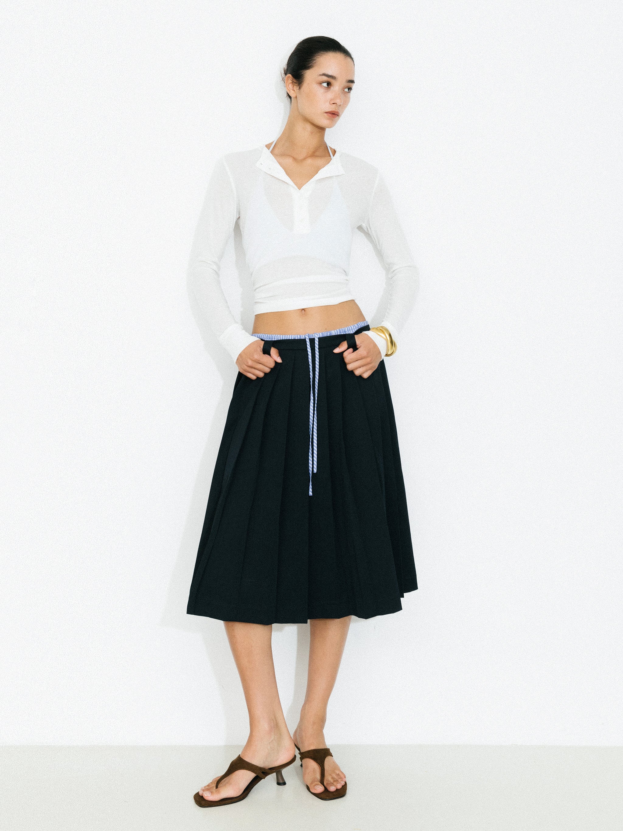 Double Waistband Contrast Pleated Skirt-5