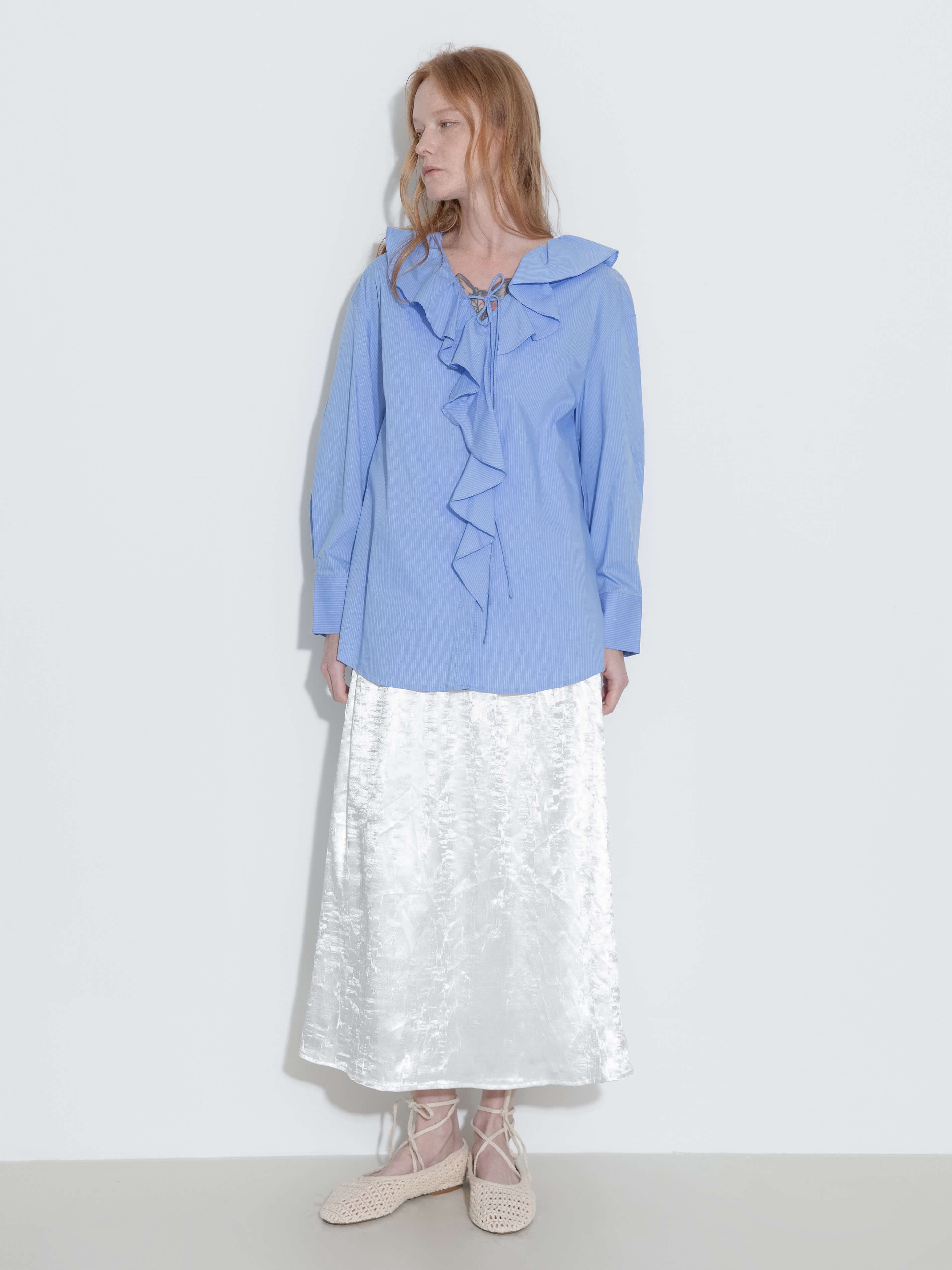 Ruffle Collar Striped Shirt-3