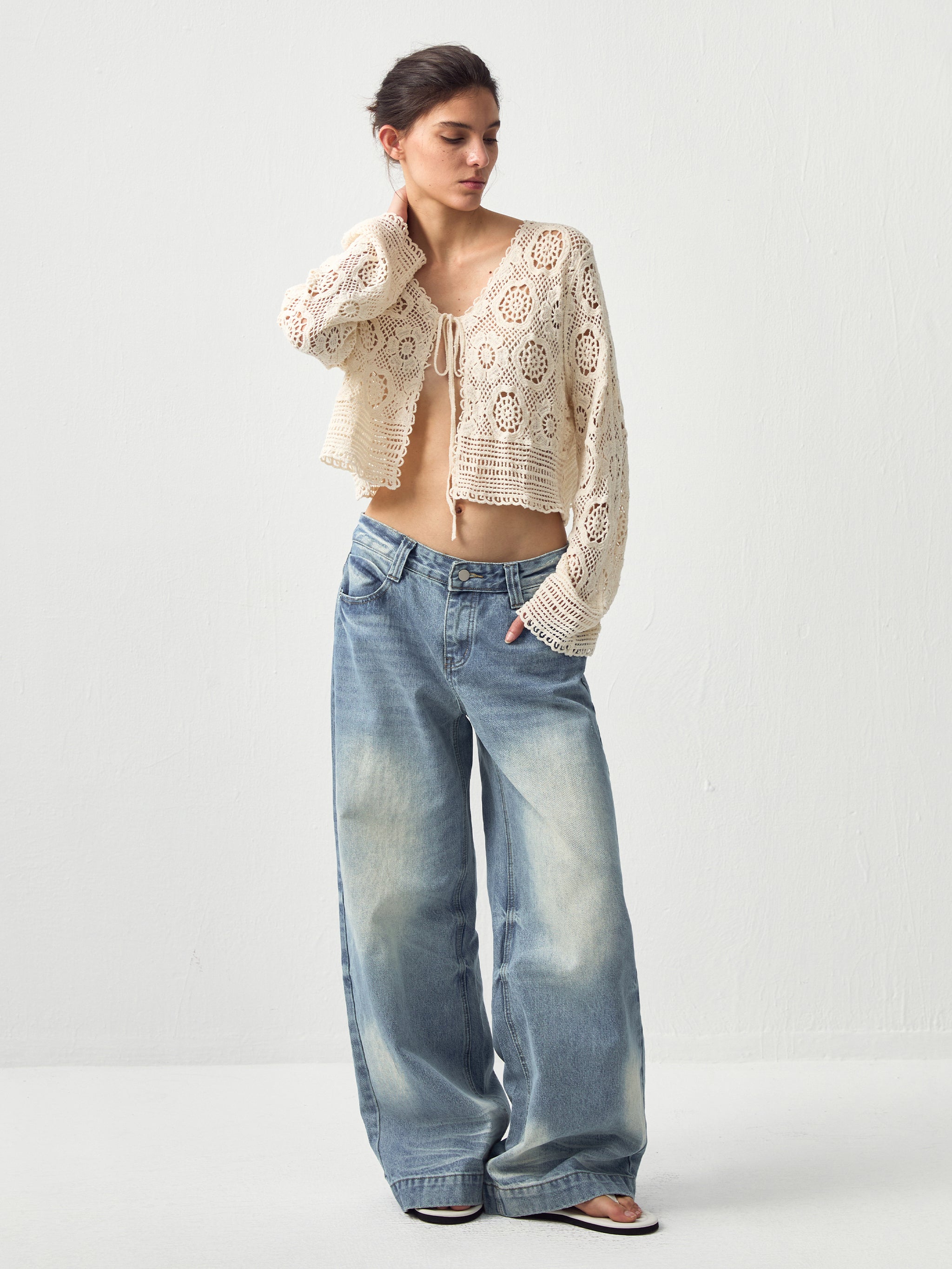 CUBIC Cotton Crochet Lace Trim Cropped Cardigan-4