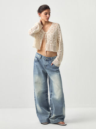 CUBIC Cotton Crochet Lace Trim Cropped Cardigan