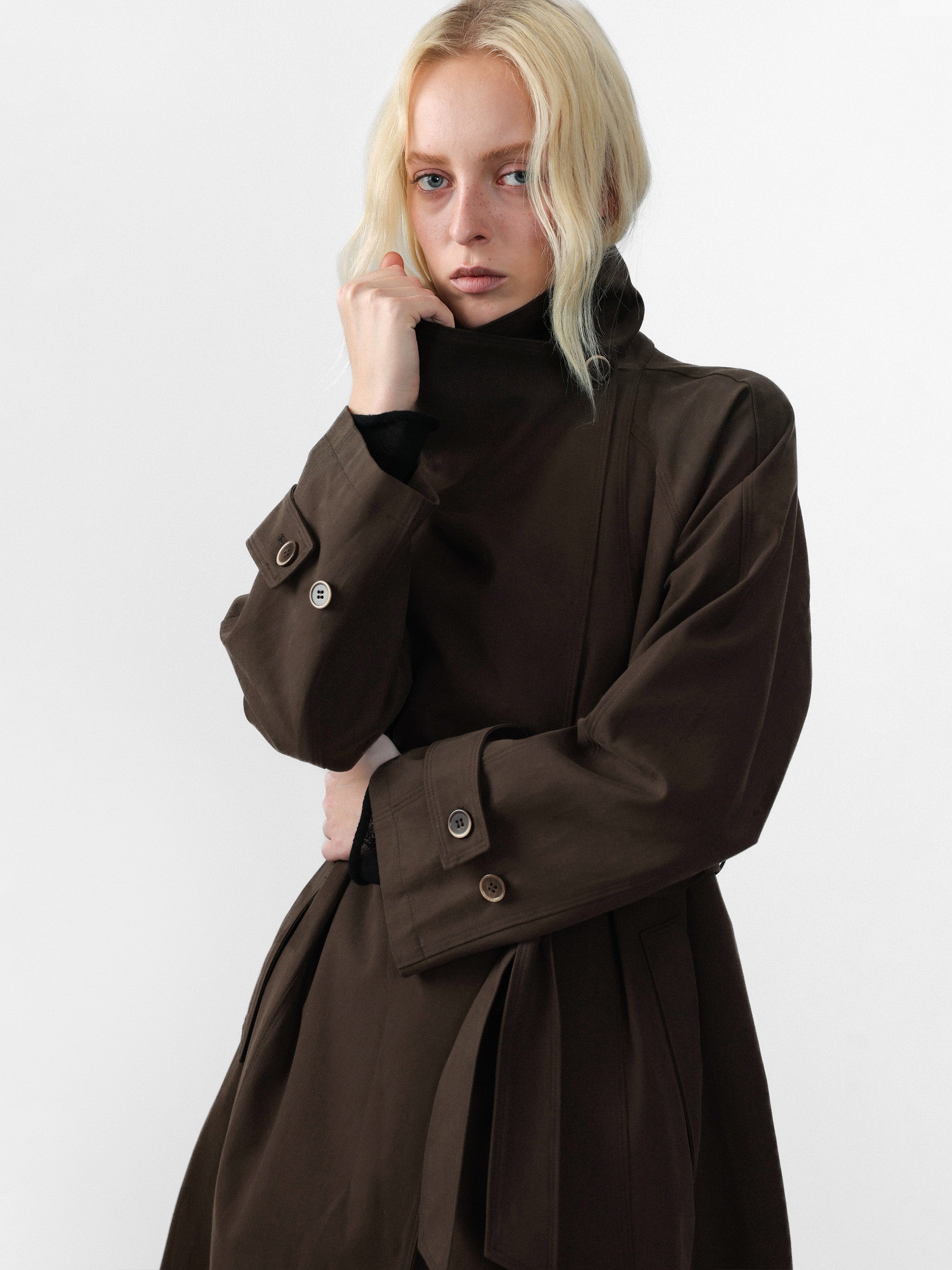 CUBIC Stand Collar Belted Long Trench Coat-5