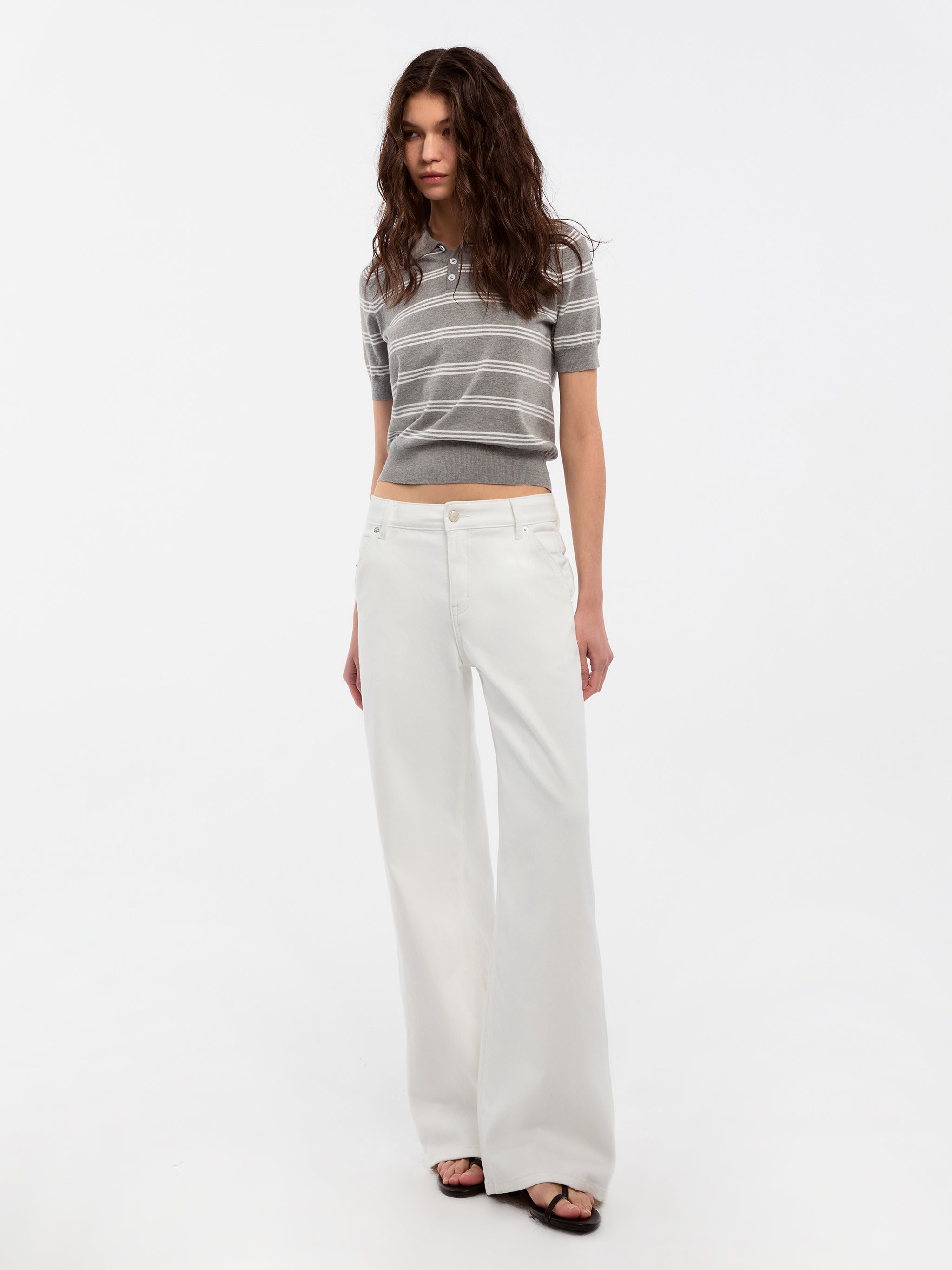 CUBIC-Striped Cropped Polo Collar Cotton T-Shirt-5
