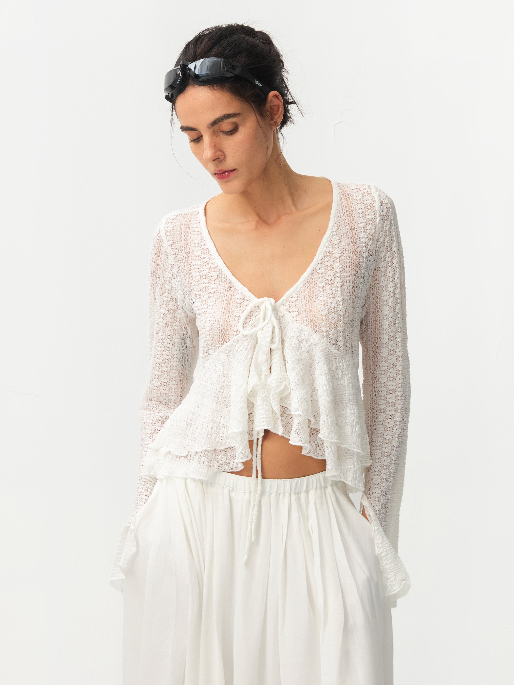 CUBIC Sheer Knit Tie-Front Peplum Top-5