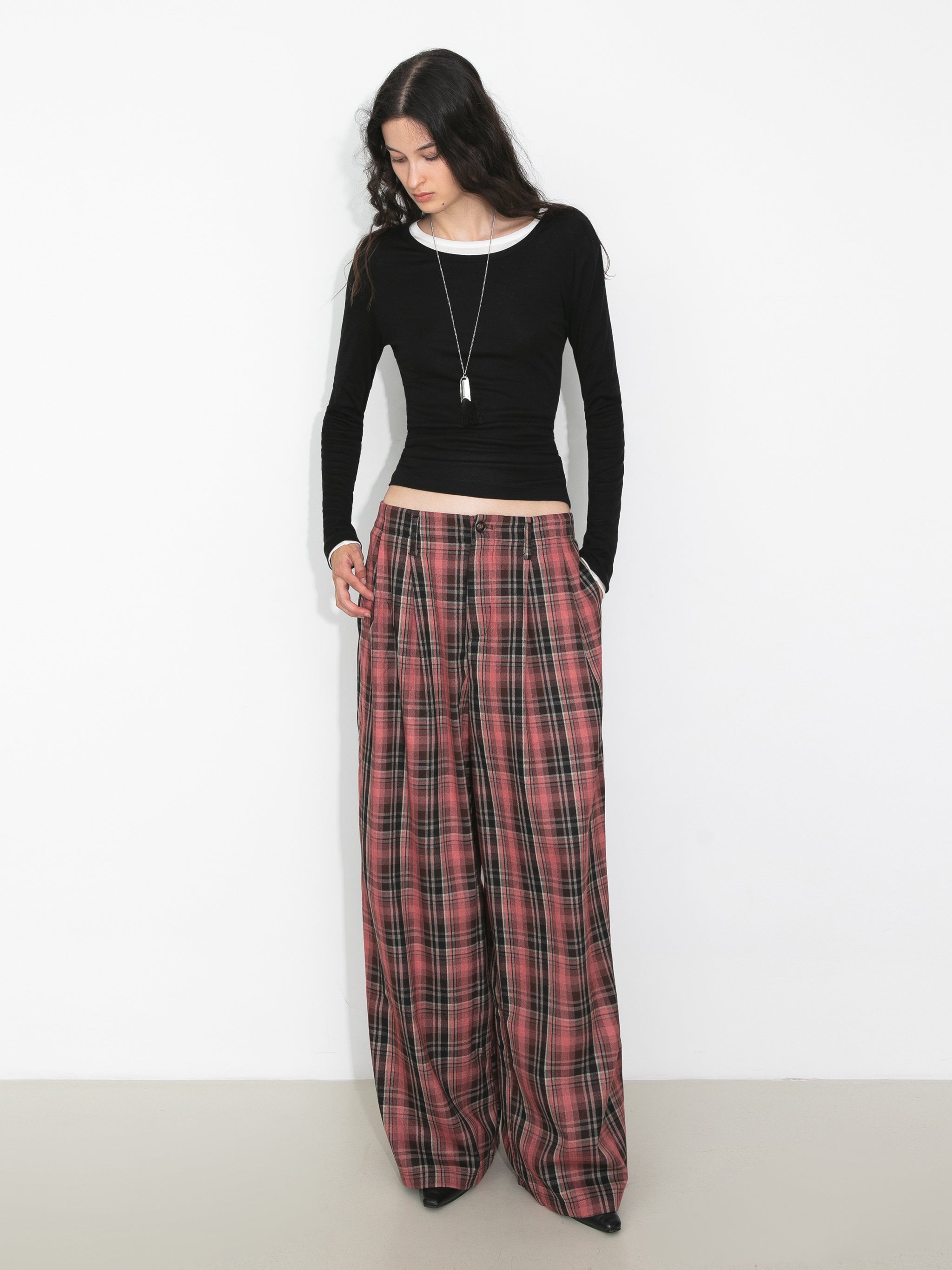Striped Check Wide-Leg Draped Floor-Length Trousers-5