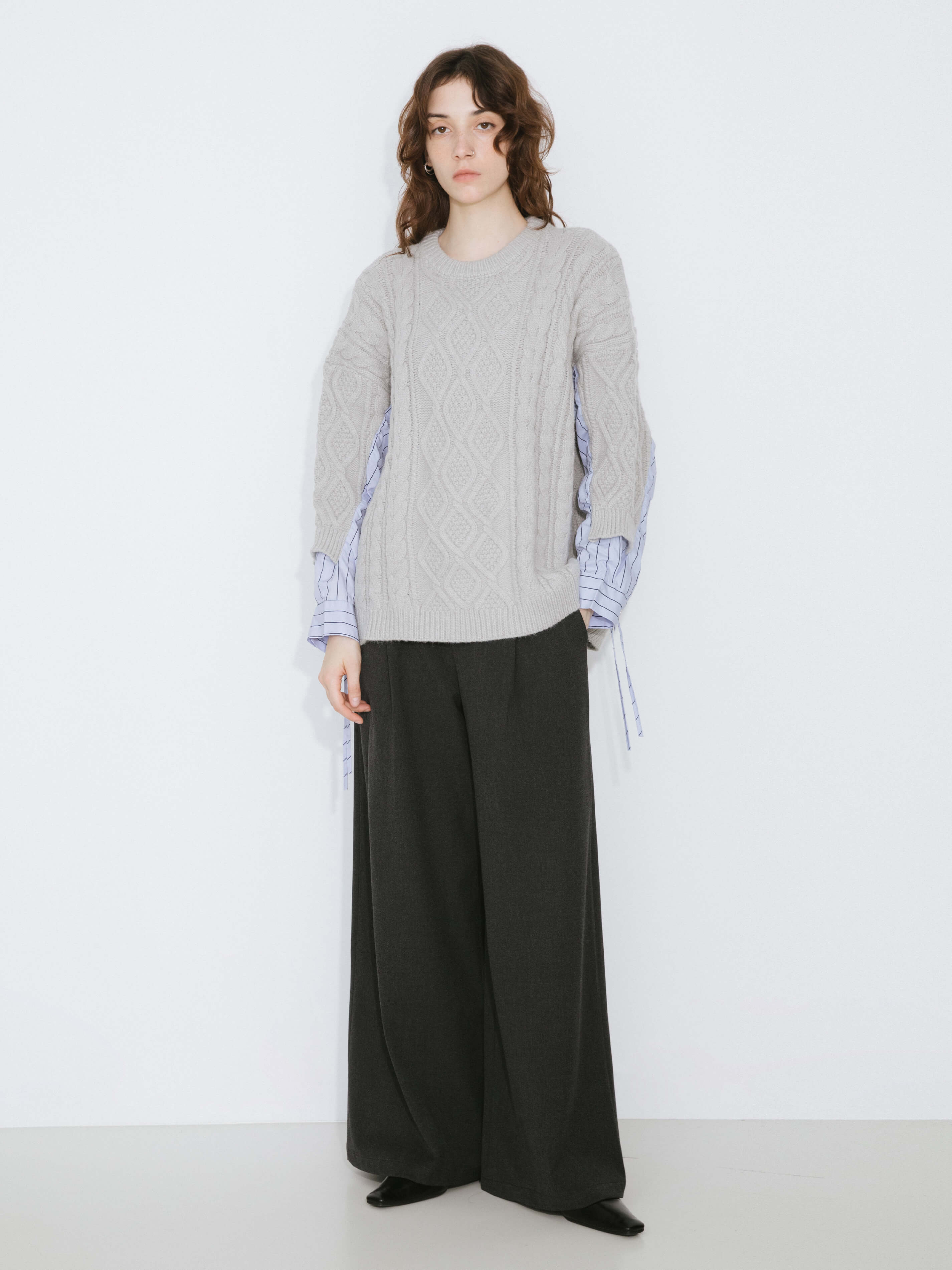 Cable Knit Jumper With Shirting Sleeves-5