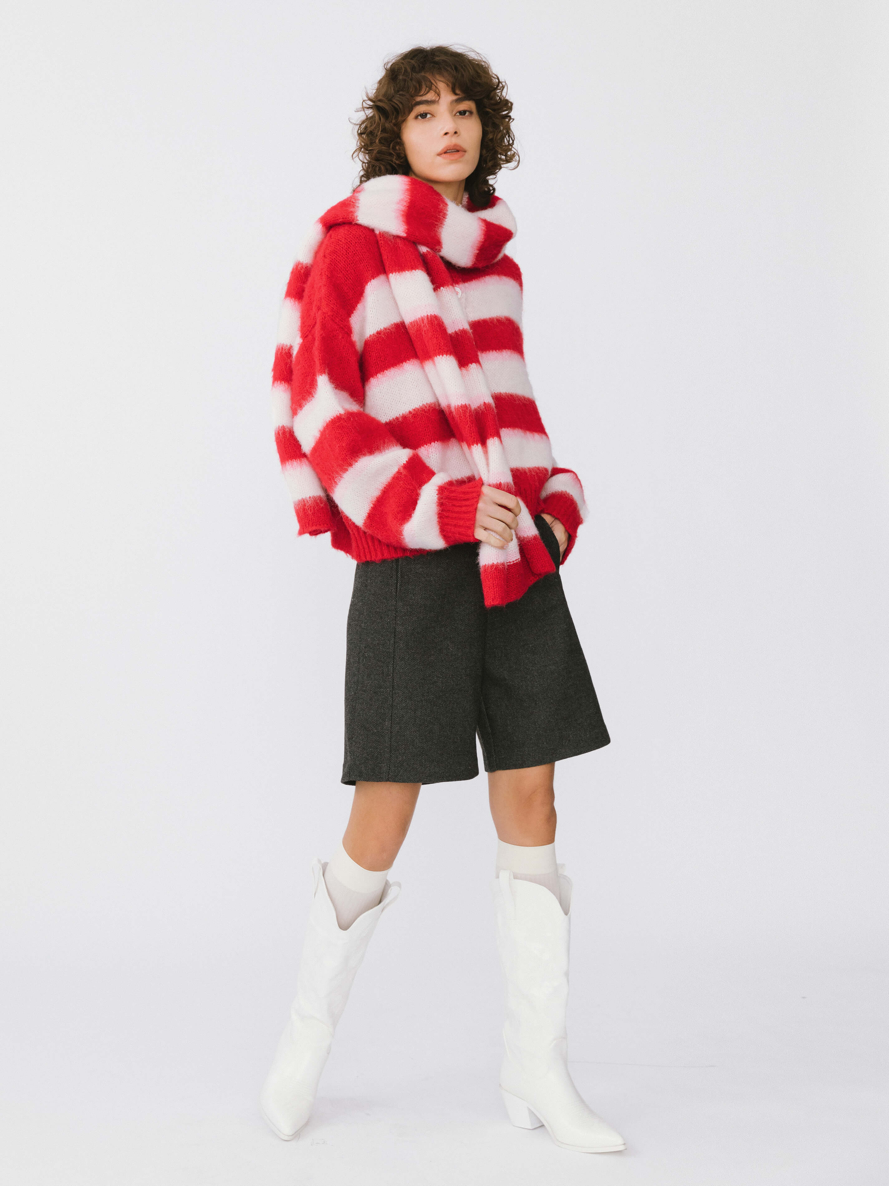 Striped Color Block Wool Knit Cardigan With Scarf-5