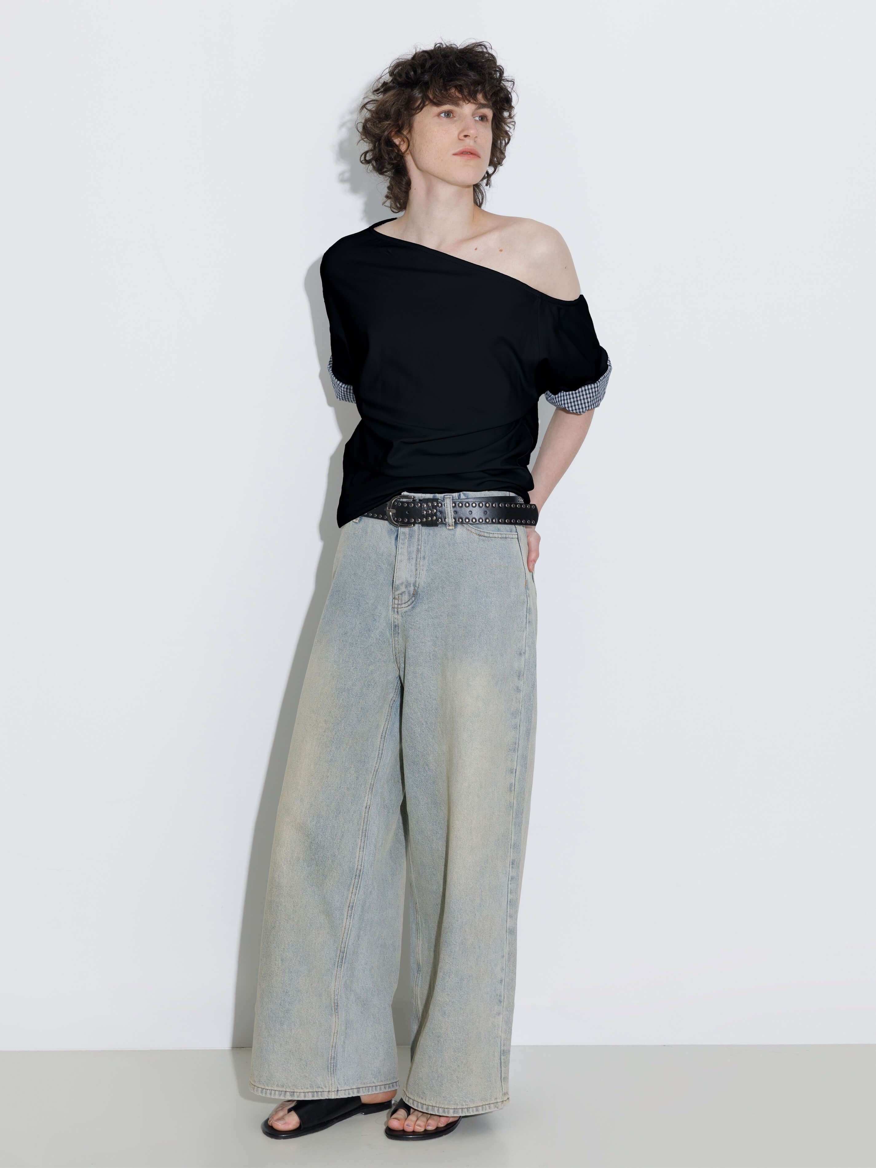One-Shoulder Color-Block Short Sleeve Top-5
