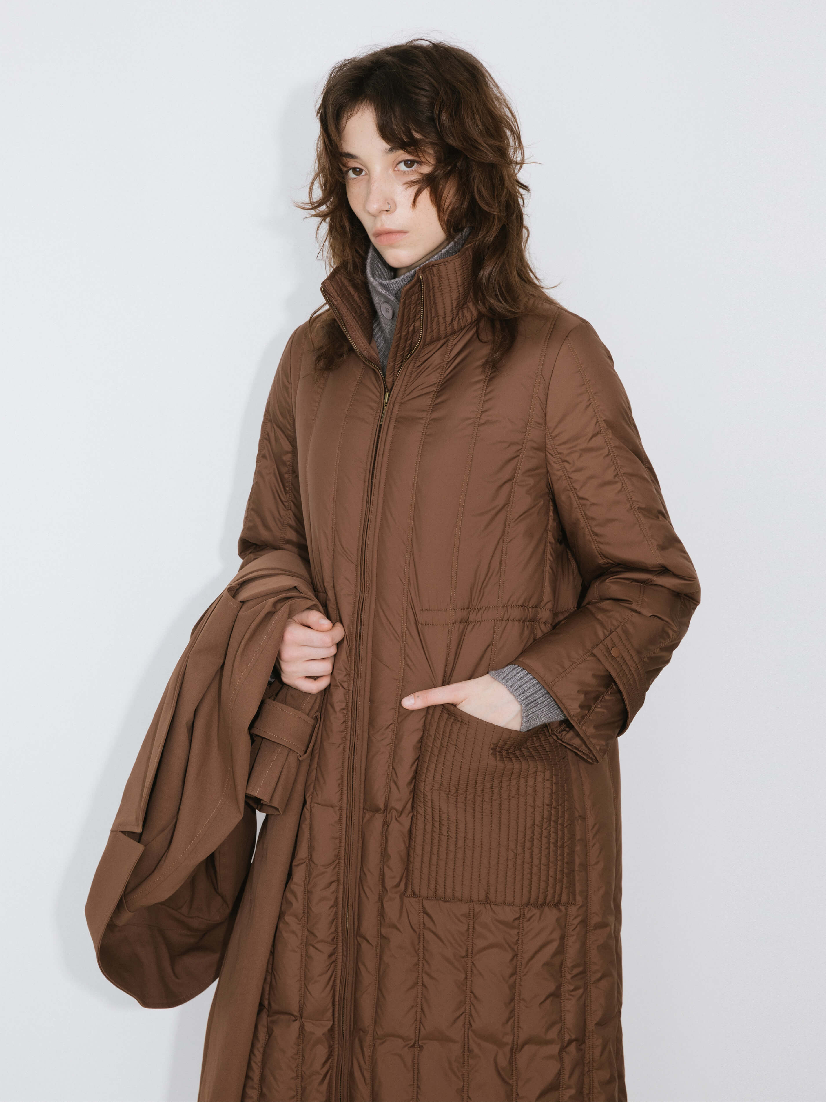 ONE BY CUBIC Double-Layer Long Trench Coat Style Down Coat-5