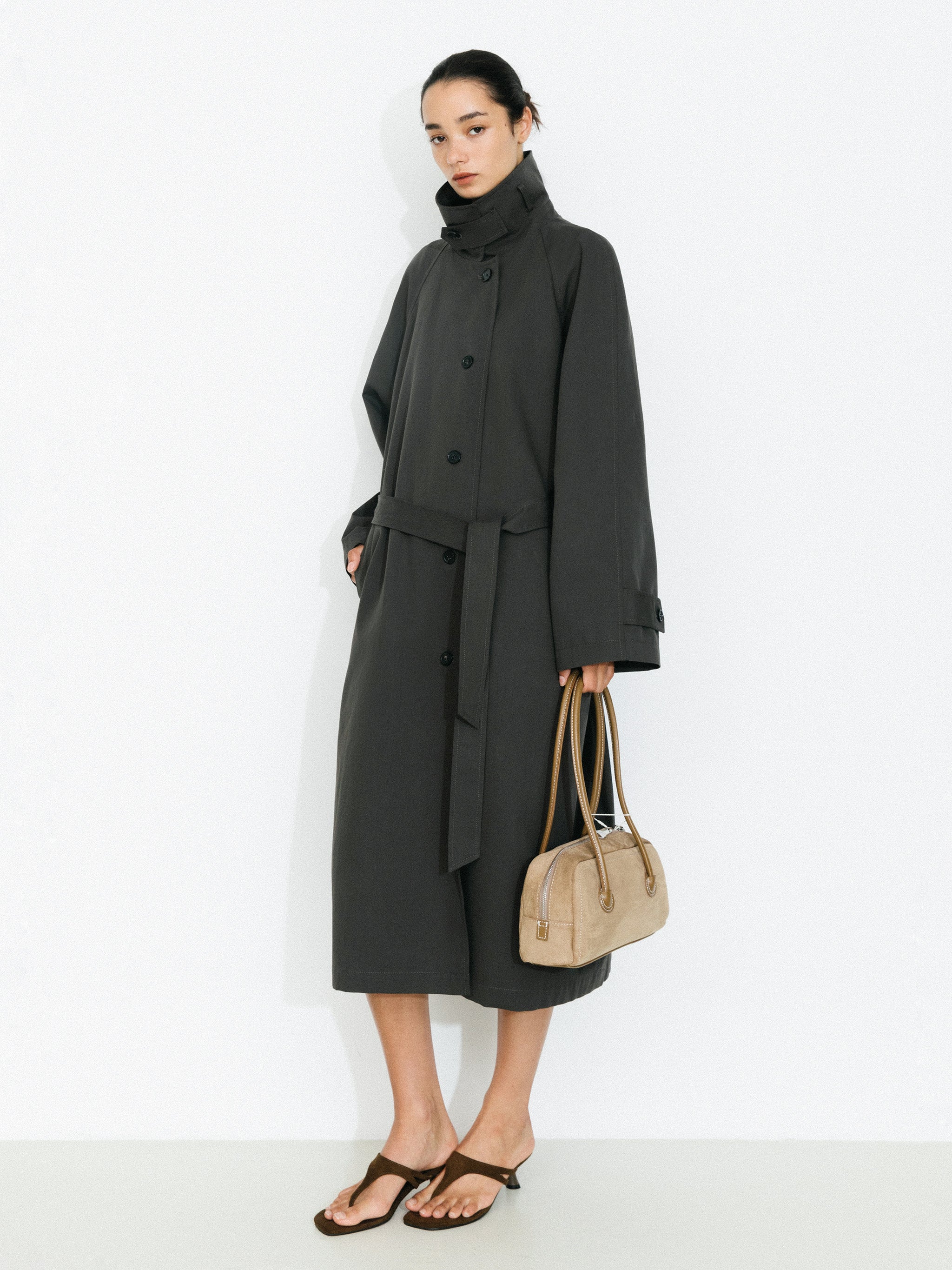 Stand Collar Longline Tie-Waist Trench Coat-5