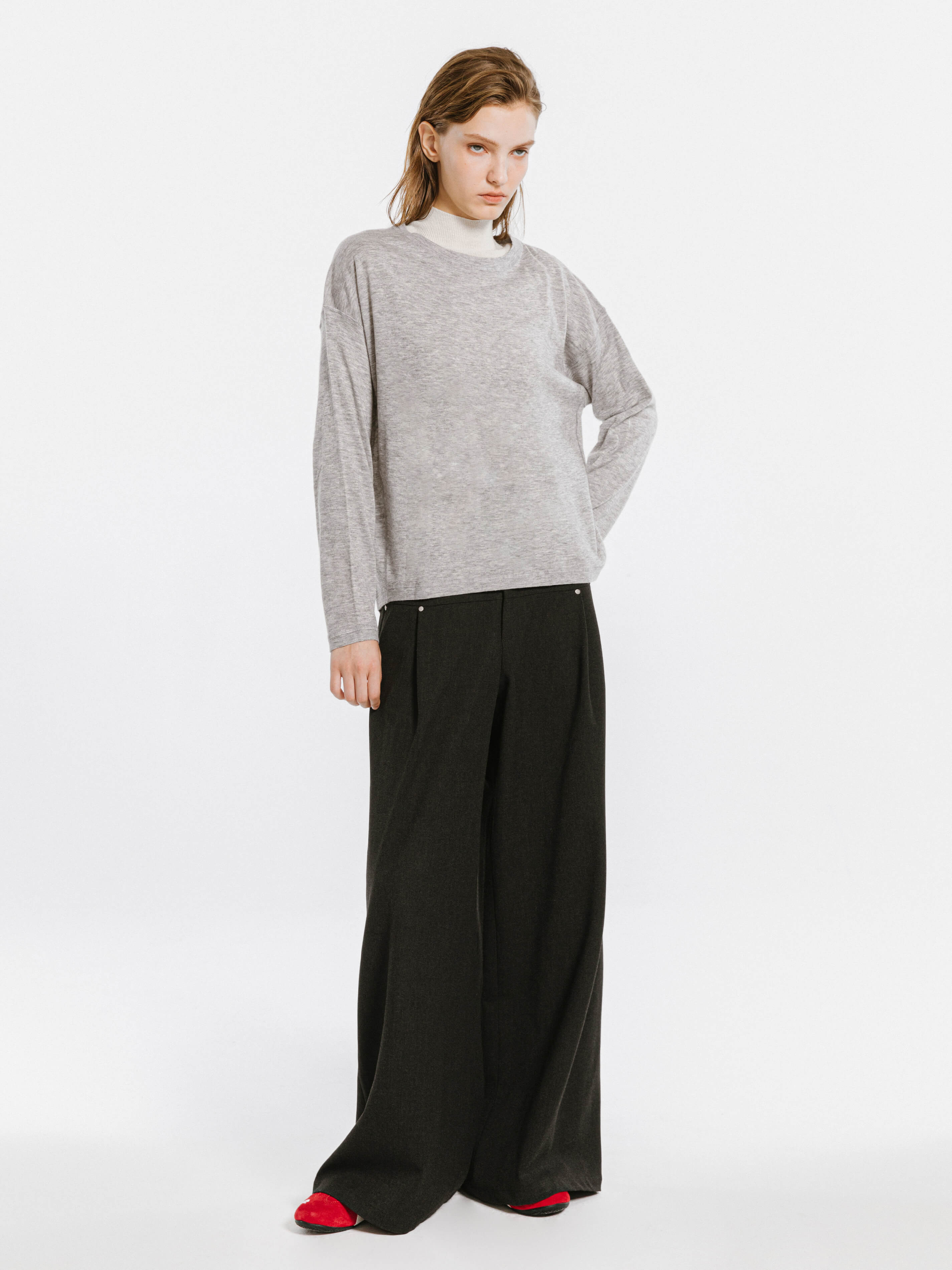 Crew Neck Long Sleeve Top with Wool Blend-5