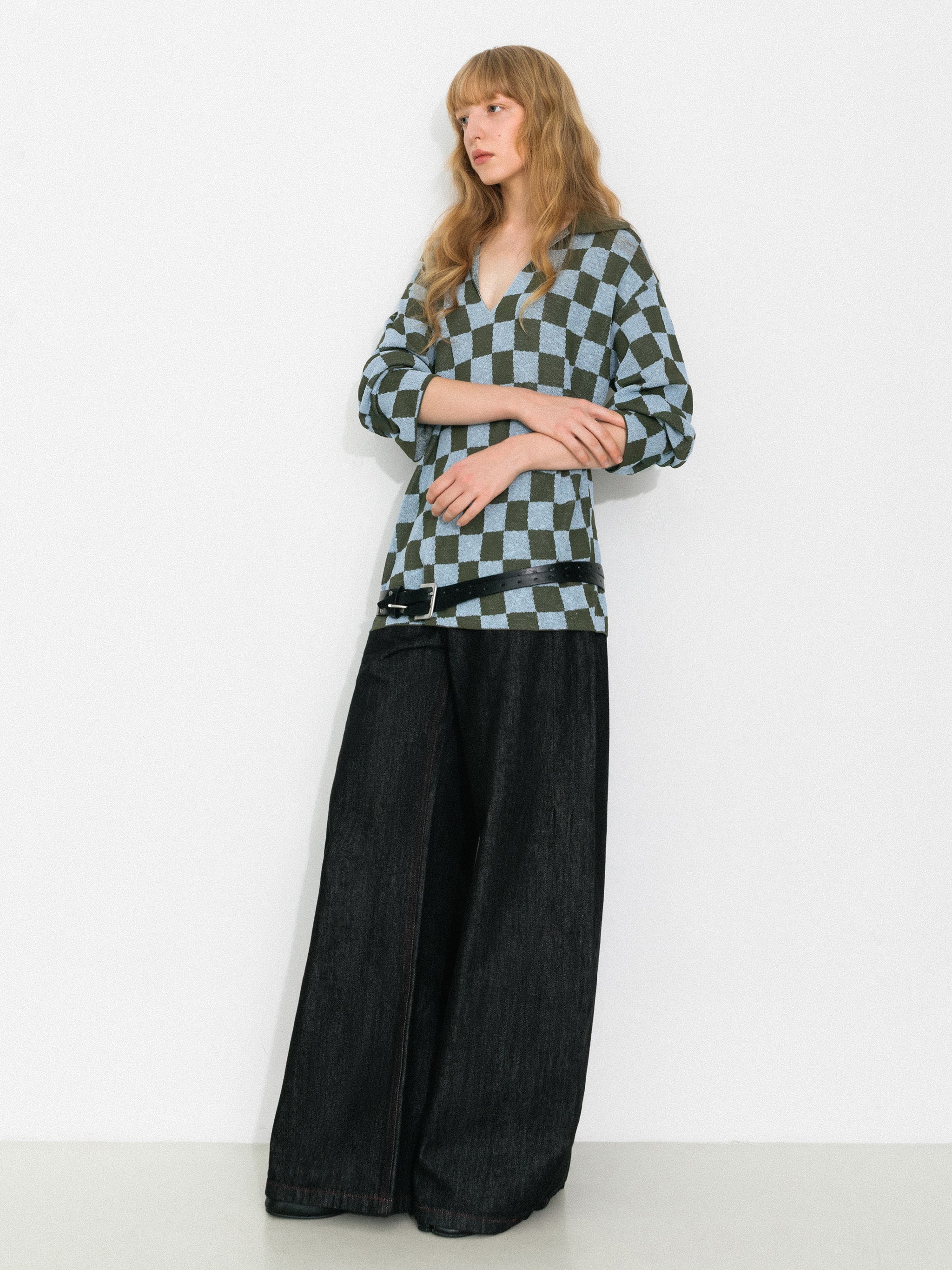 Checkerboard Contrast Knit Top-5