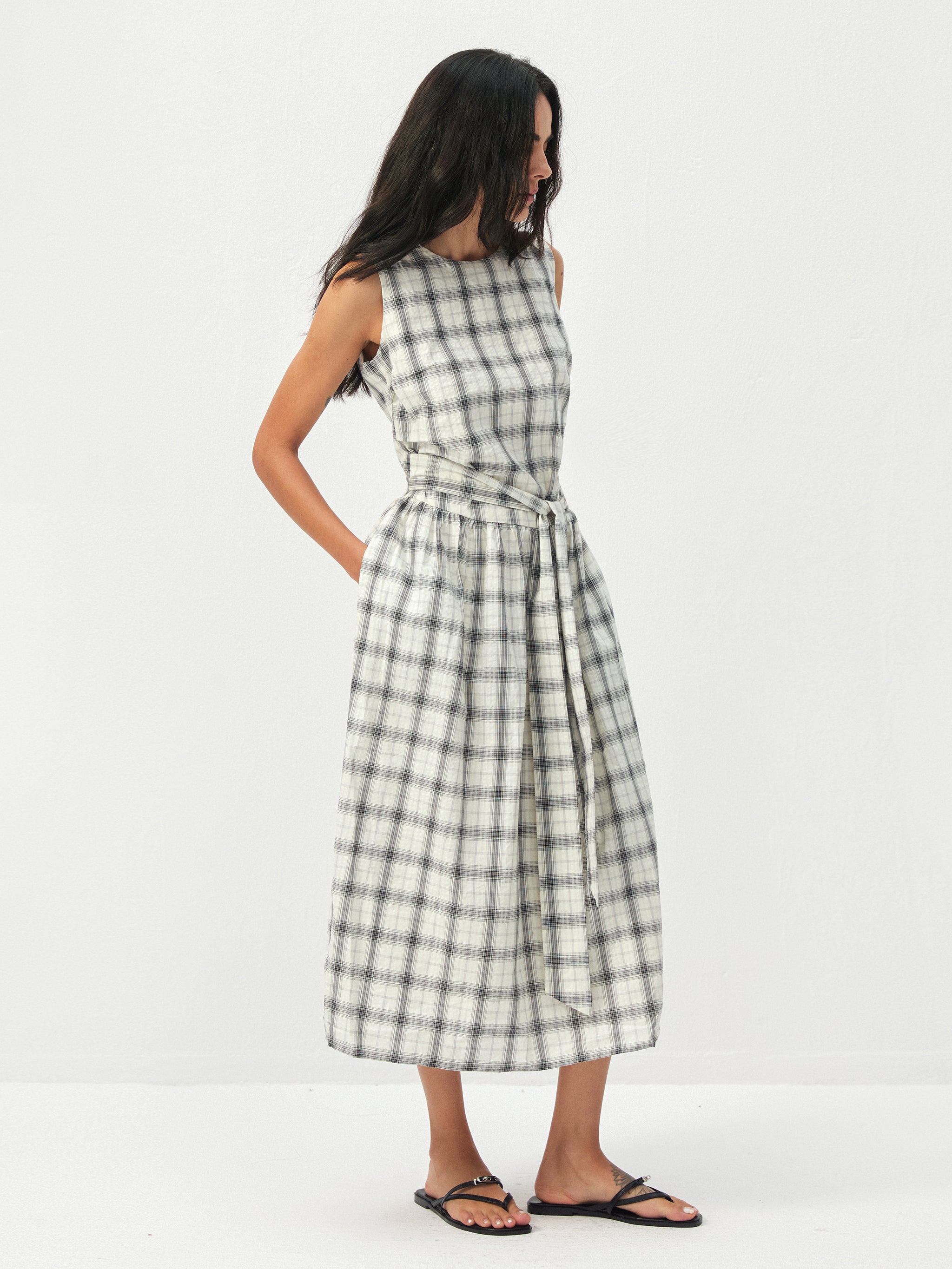 CUBIC Cotton Check Belted Sleeveless Midi Skirt-5